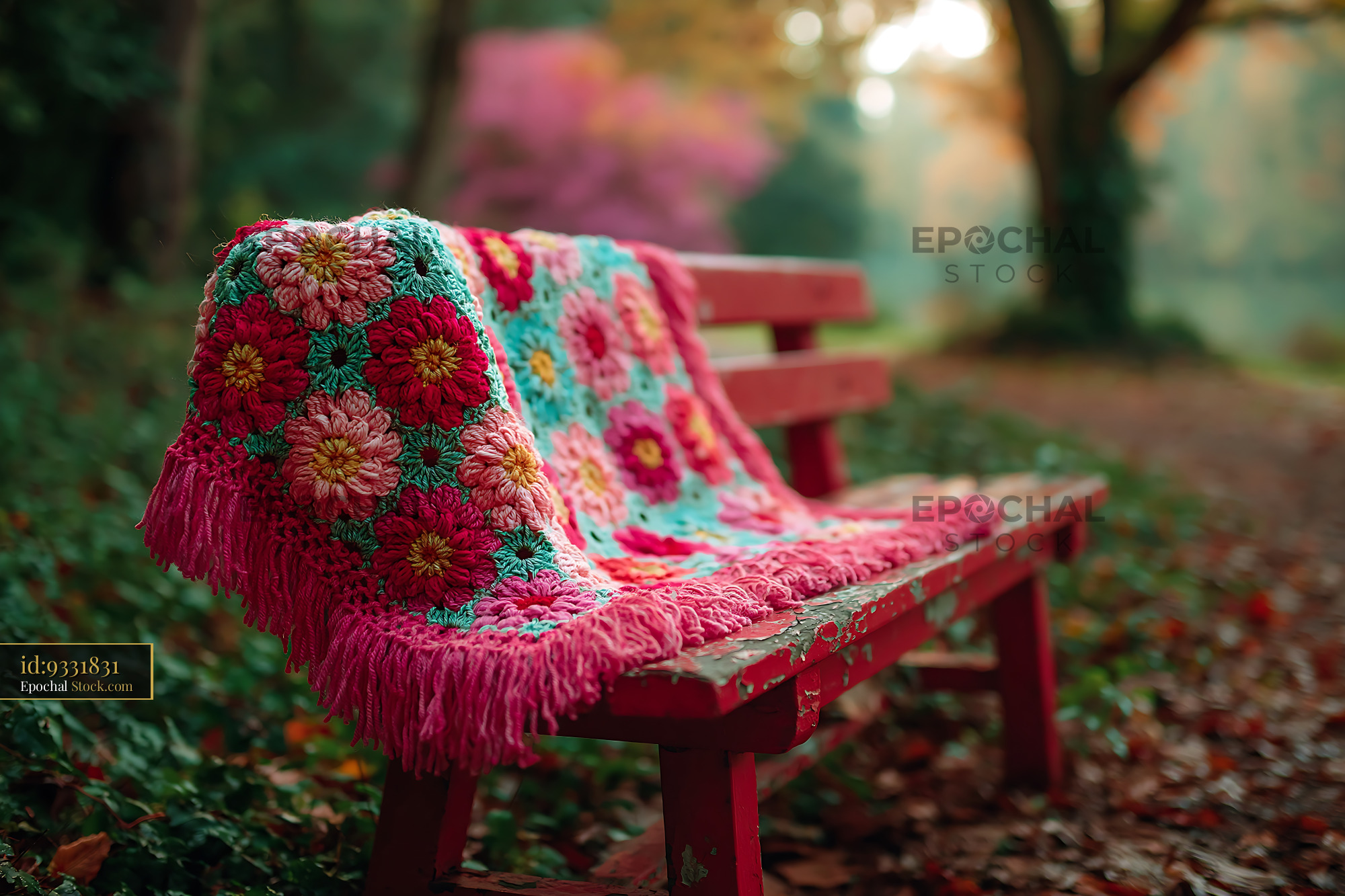 Colorful floral crochet blanket draped over a red wooden park bench - stock photo
