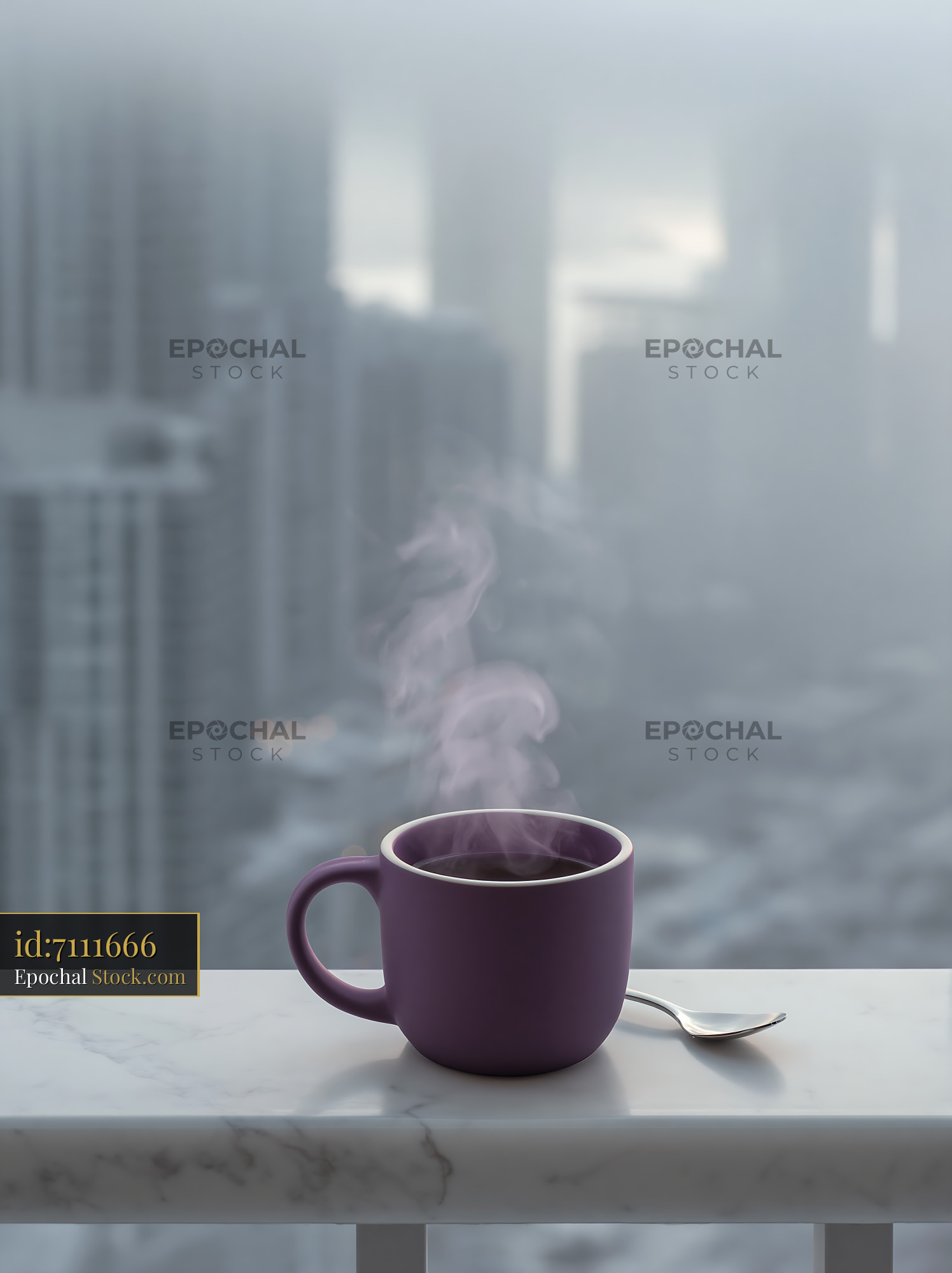 Steaming purple coffee cup on marble balcony with foggy city view - stock photo