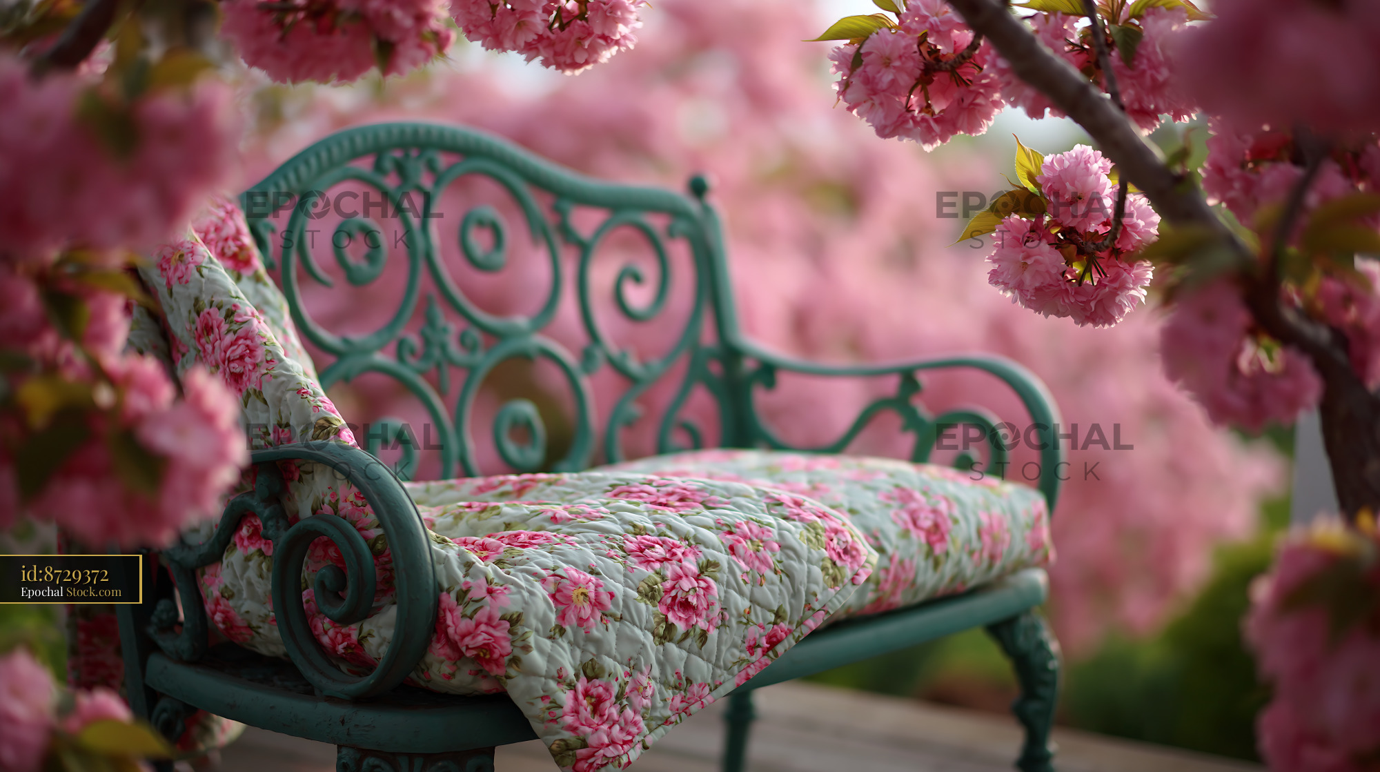 Vintage garden bench with floral cushion under blooming cherry trees - stock photo