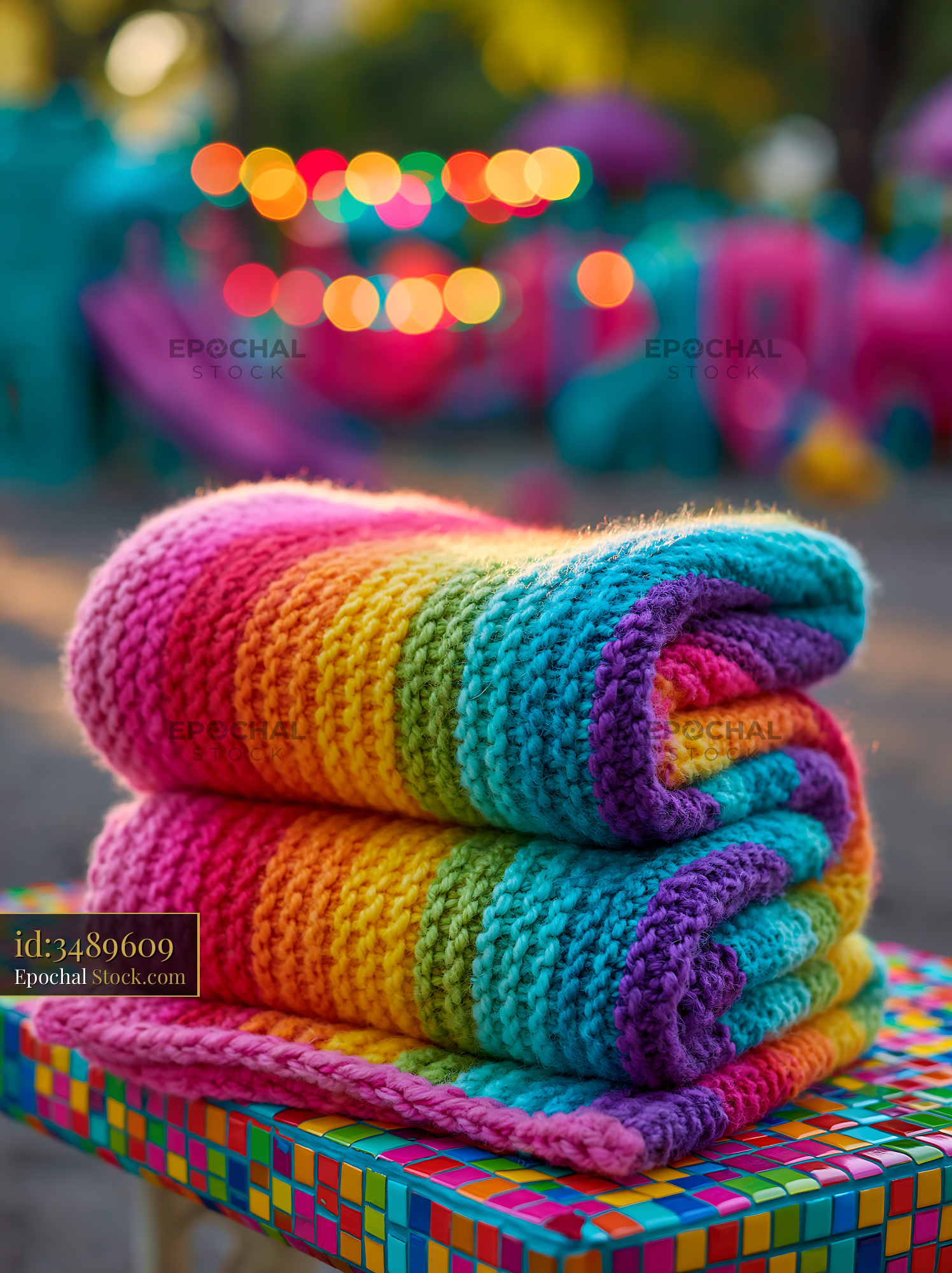 Rainbow striped knitted blanket folded on a mosaic bench outdoors - stock photo