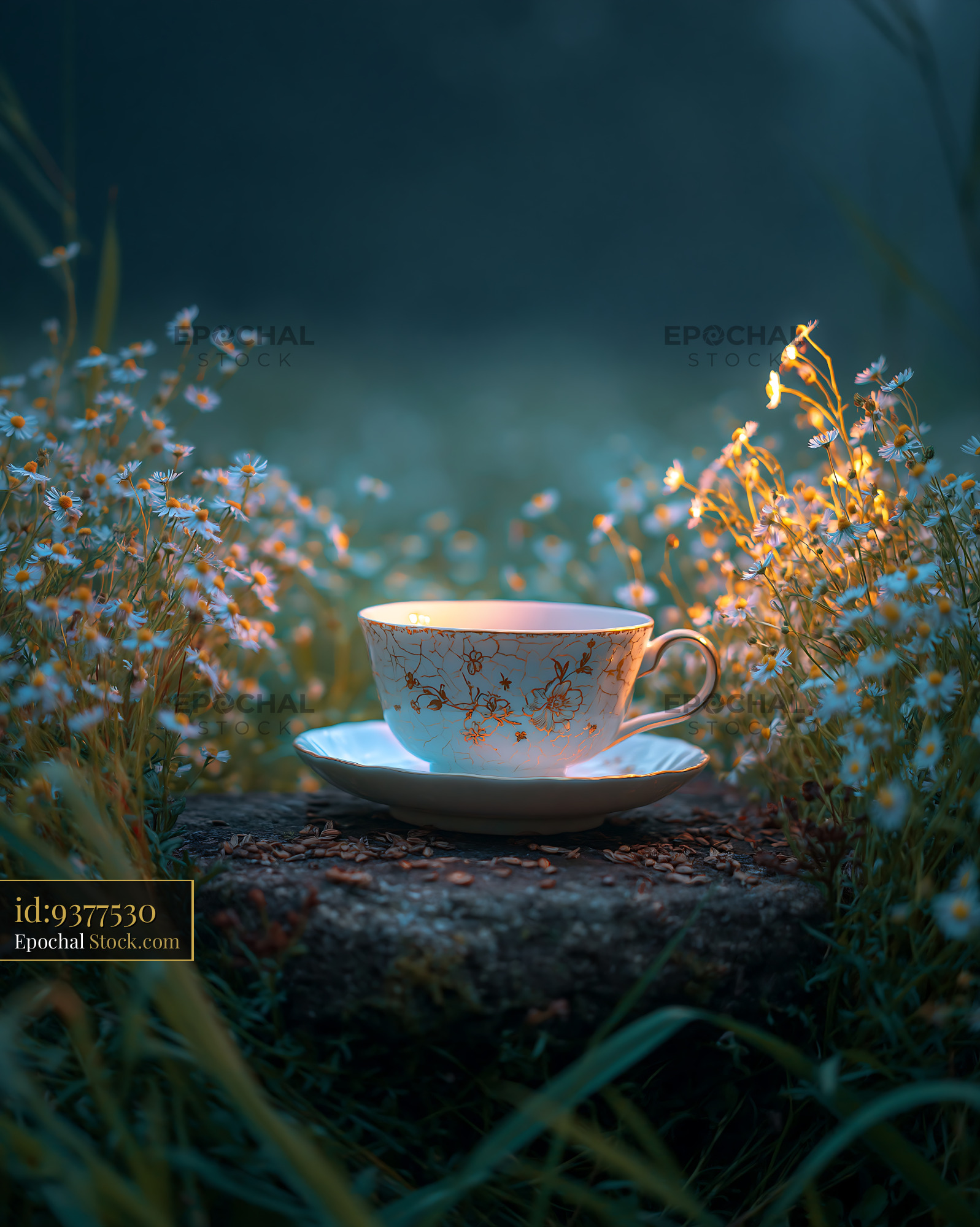 Vintage porcelain teacup glowing in a field of daisies at twilight - stock photo