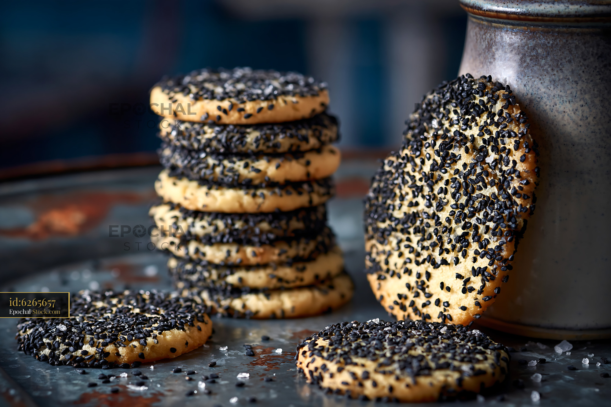 Homemade nigella seed biscuits with sea salt on a rustic metal tray - stock photo