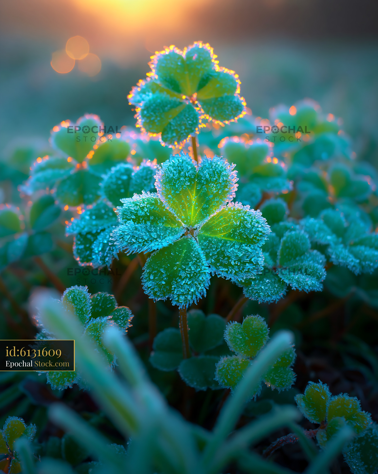Frozen green clover leaves covered in ice crystals at sunrise - stock photo