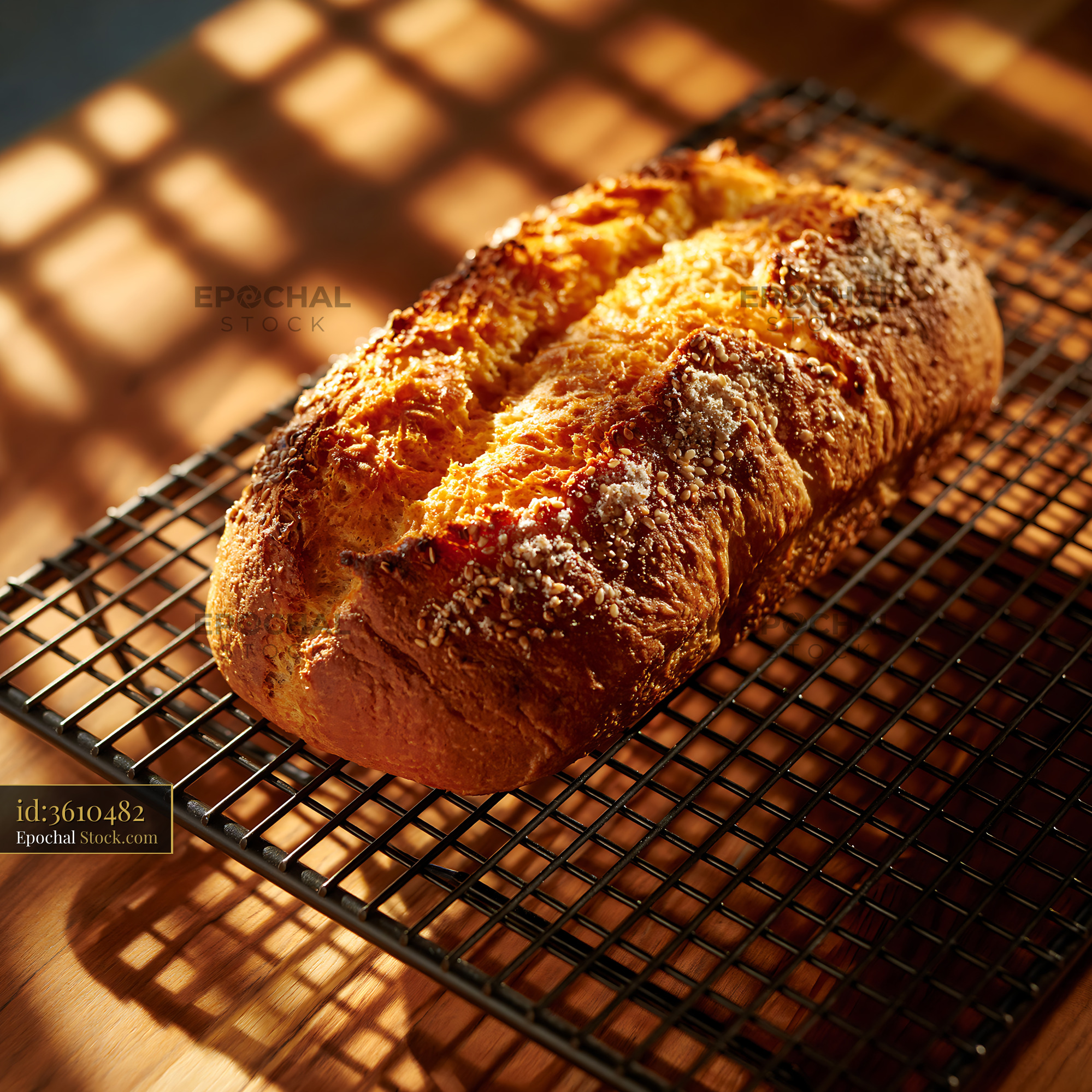 Freshly baked dutch crunch german bread on cooling rack in warm light - stock photo