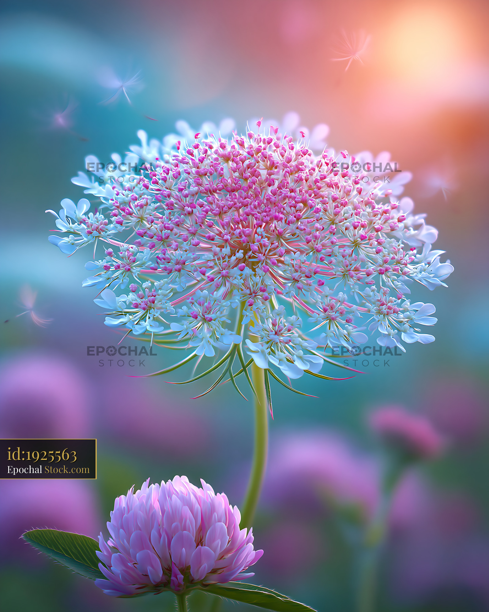 Macro of a delicate pink wildflower in a dreamy summer meadow - stock photo