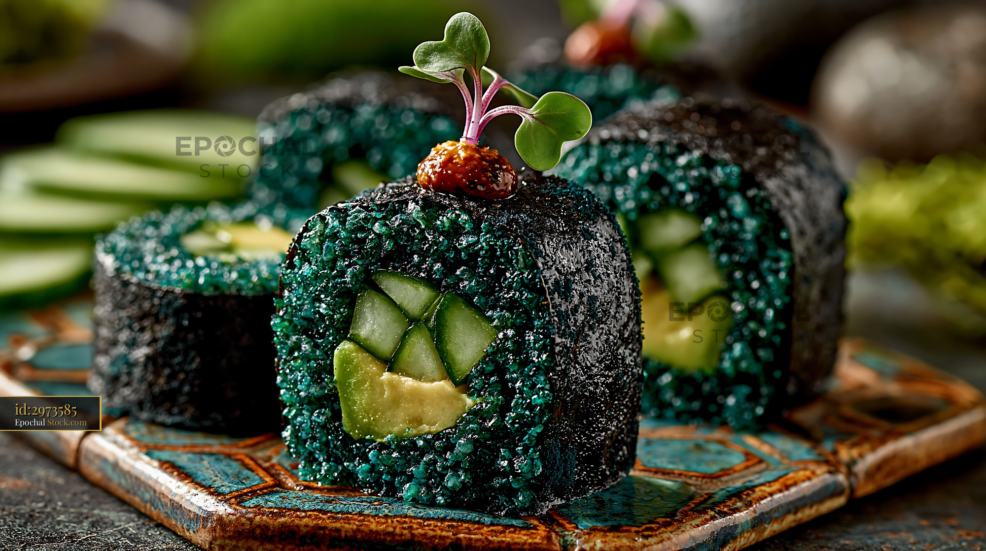 Gourmet vegan sushi rolls made with spirulina powder and avocado - stock photo