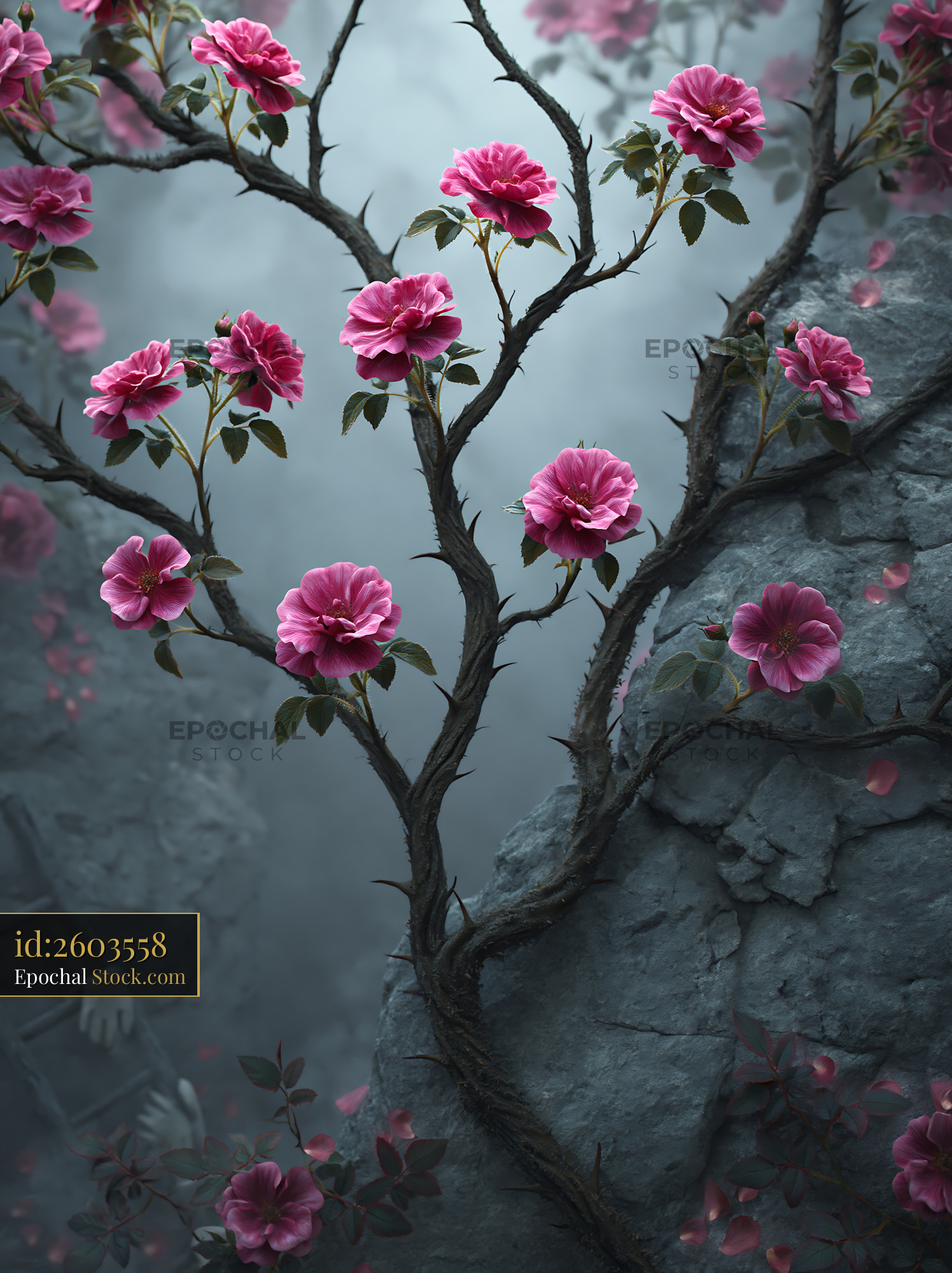 Pink roses on thorny vine growing against old stone wall in fog - stock photo