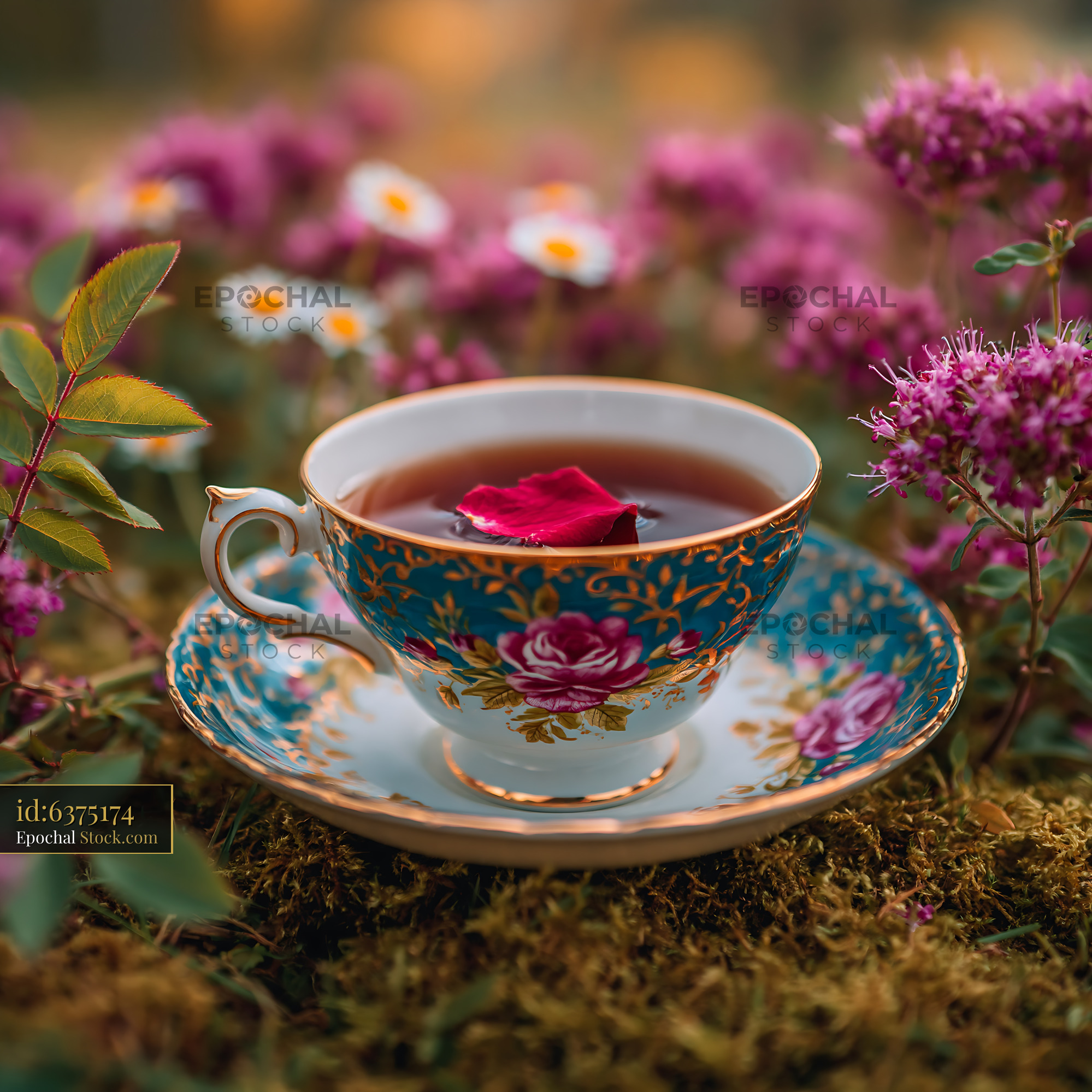 Vintage porcelain tea cup with rose petal in a blooming flower meadow - stock photo