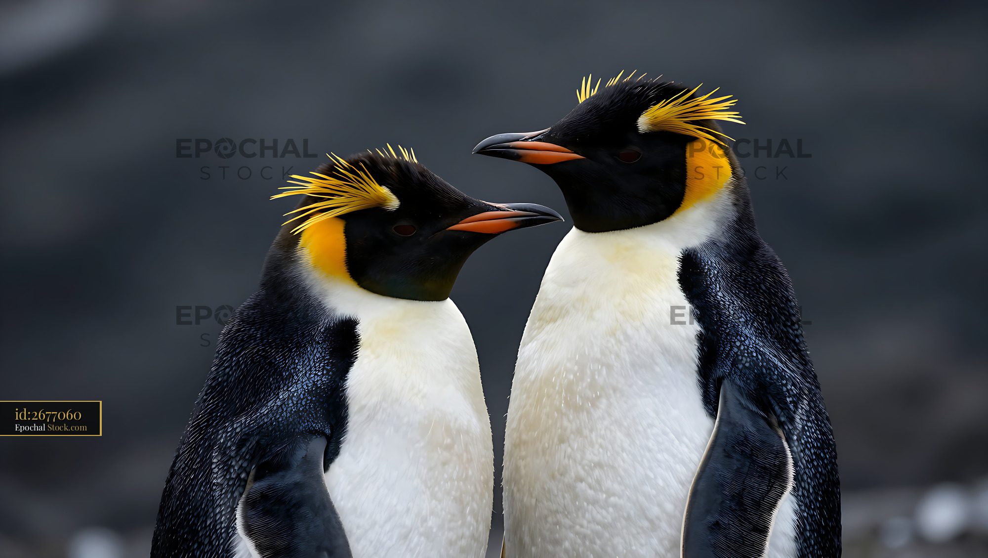 Pair of Rockhopper penguins with yellow crests standing together - stock photo