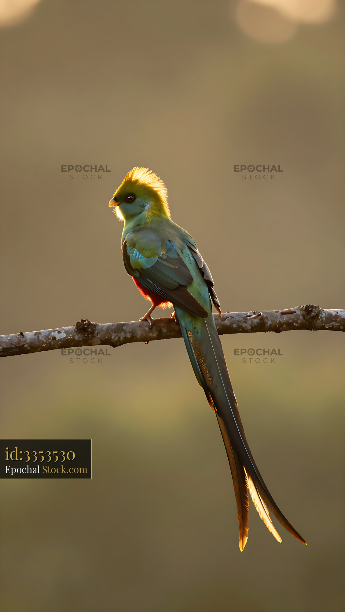 Resplendent quetzal bird perched on a branch during golden hour - stock photo