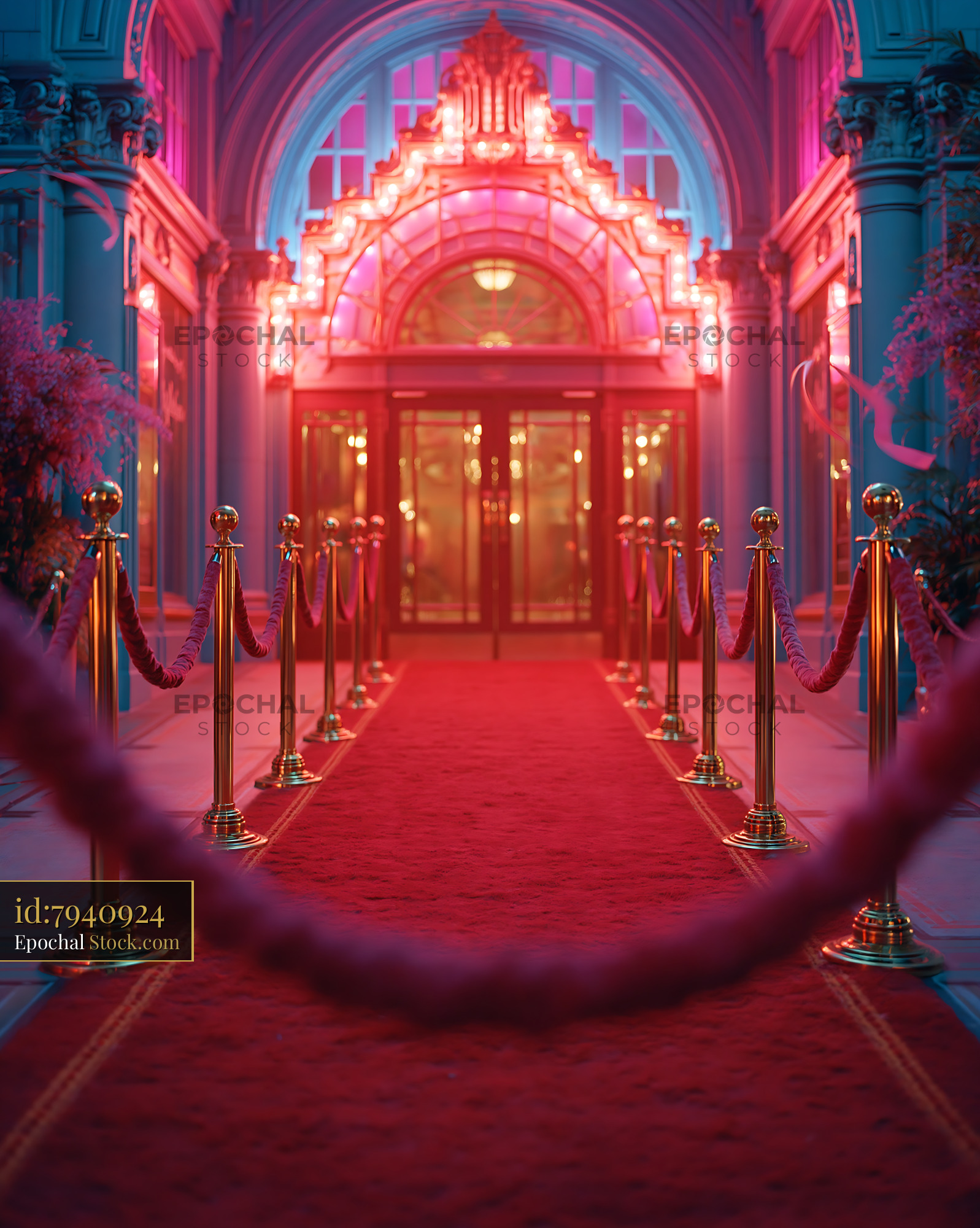 Grand cinema entrance with red carpet and velvet ropes at night - stock photo