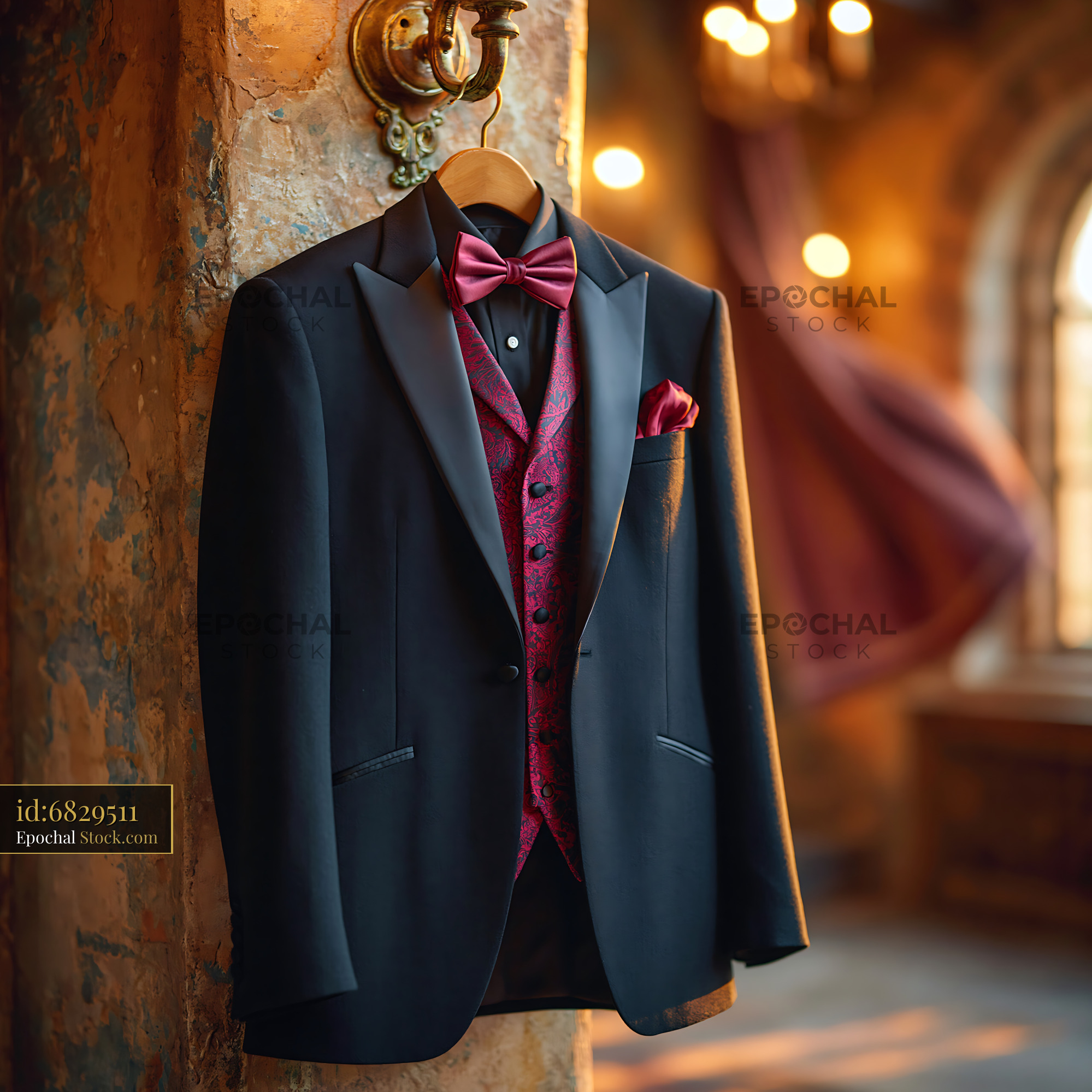 Elegant black tuxedo with red vest hanging in a sunlit historic hall - stock photo