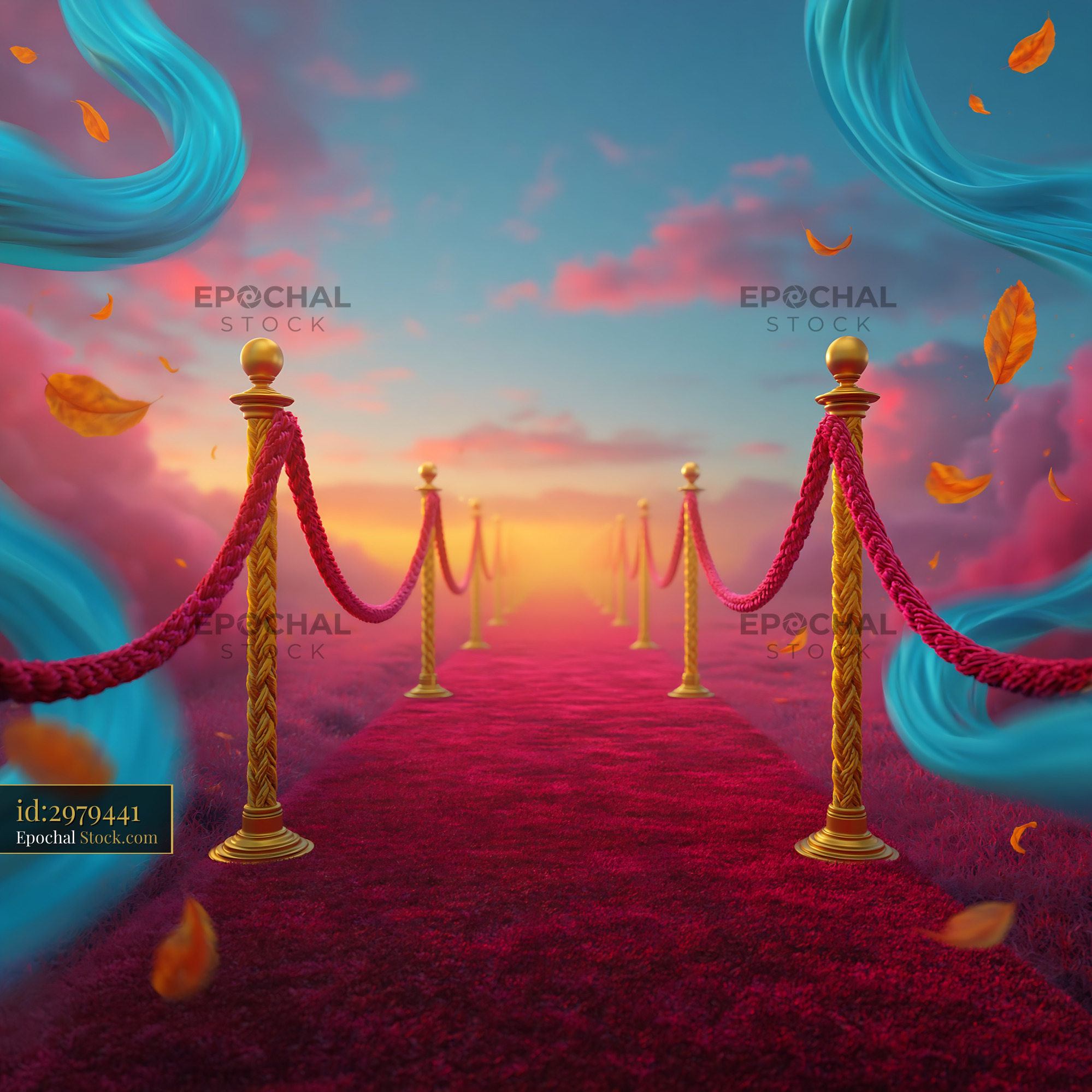 Red carpet path with golden stanchions leading to a sunset horizon - stock photo