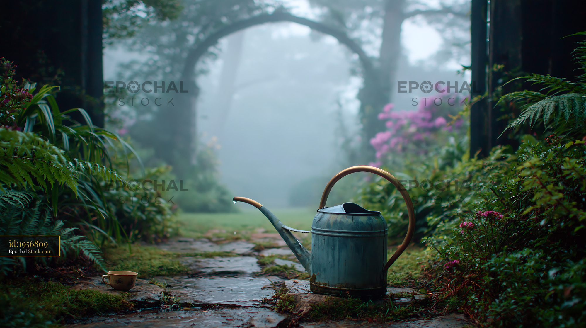 Vintage watering can on a mossy stone path in a misty morning garden