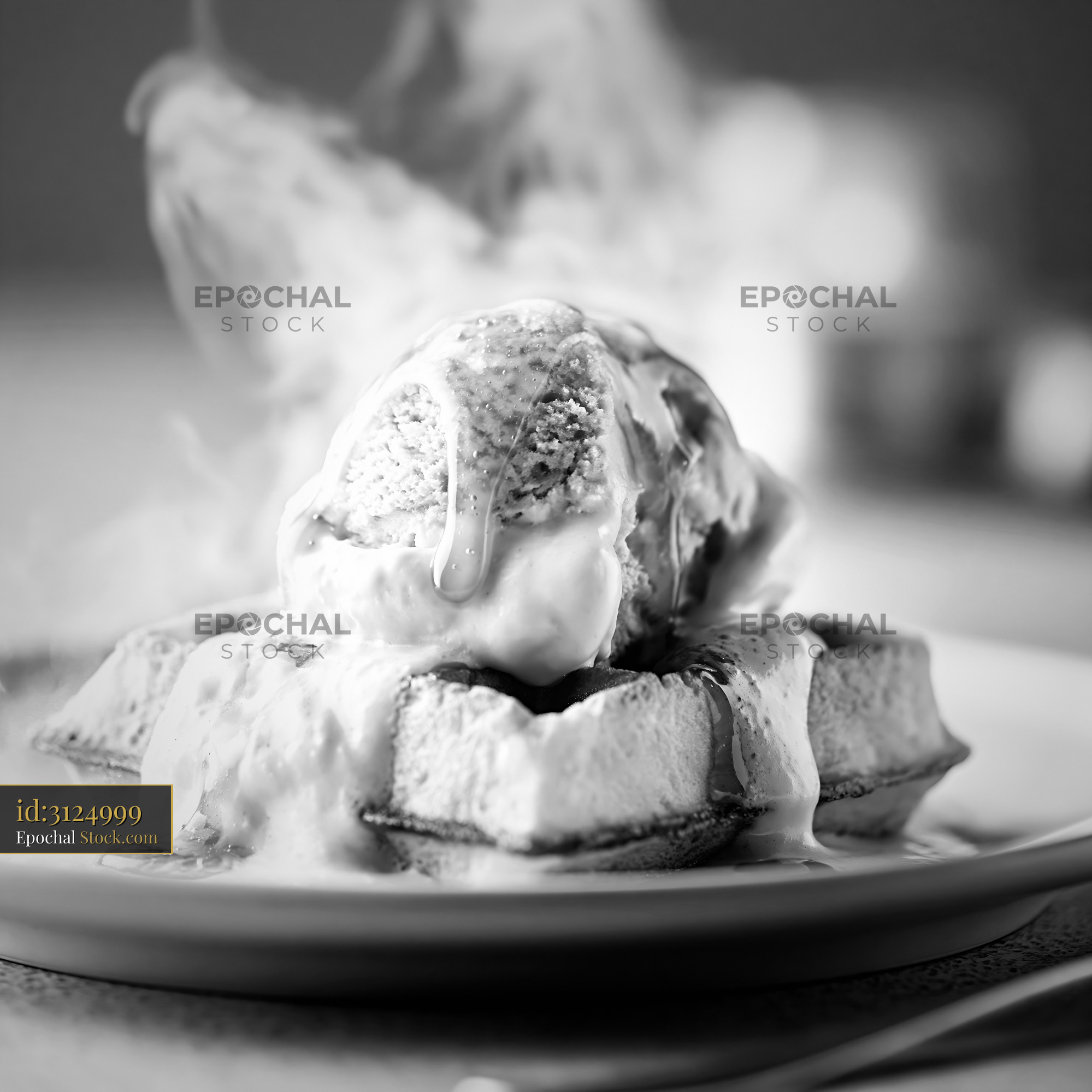 Chestnut honey ice cream melting on a warm waffle with steam - stock photo