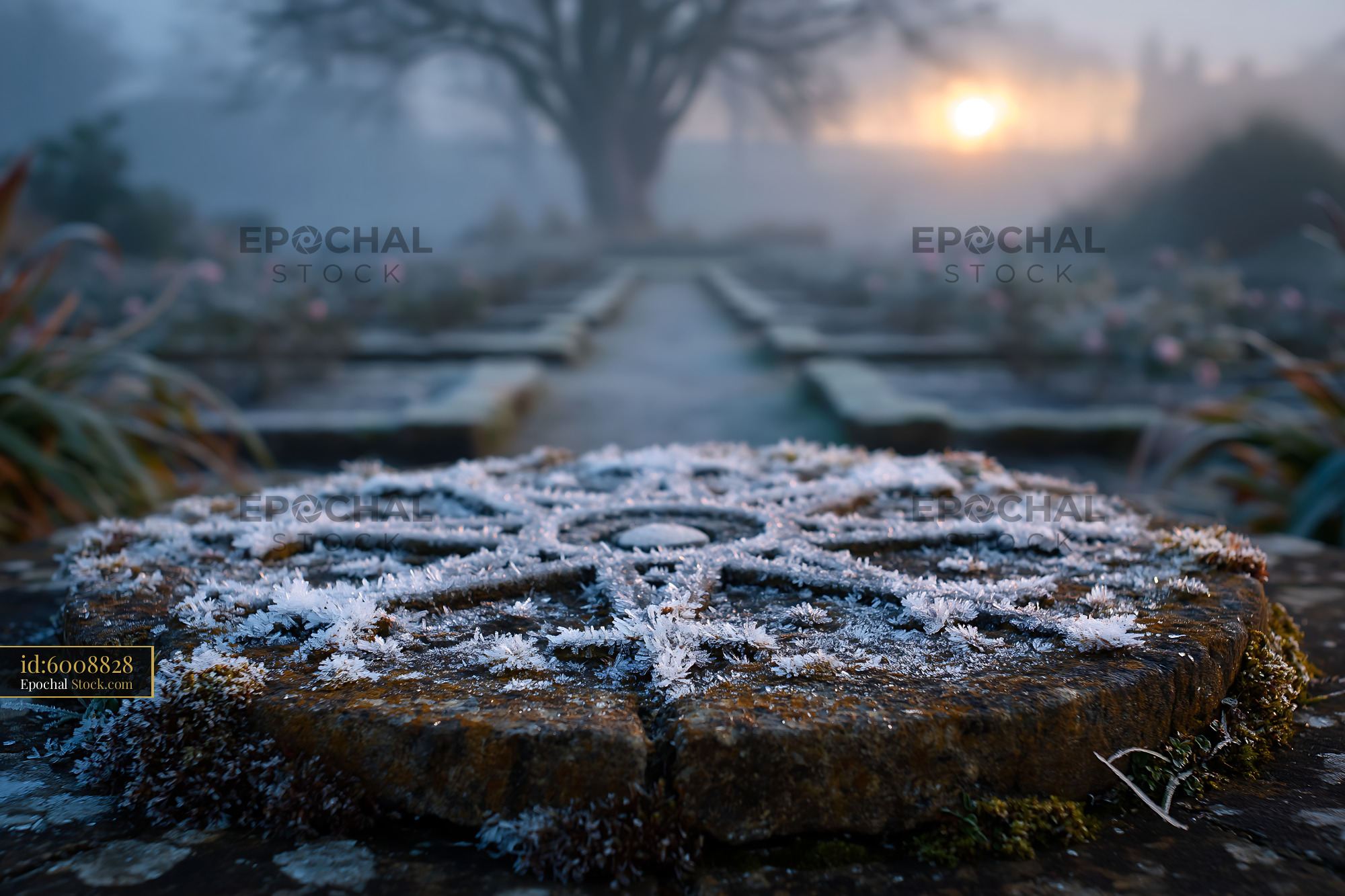 Frosty stone ornament in a misty English rose garden at sunrise - stock photo