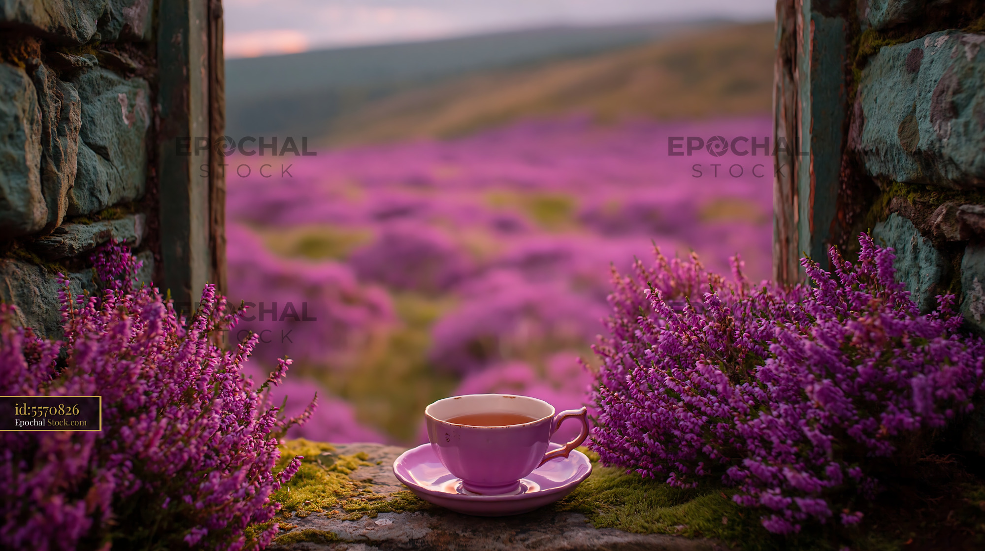 Tea cup on stone windowsill overlooking a field of blooming heather - stock photo