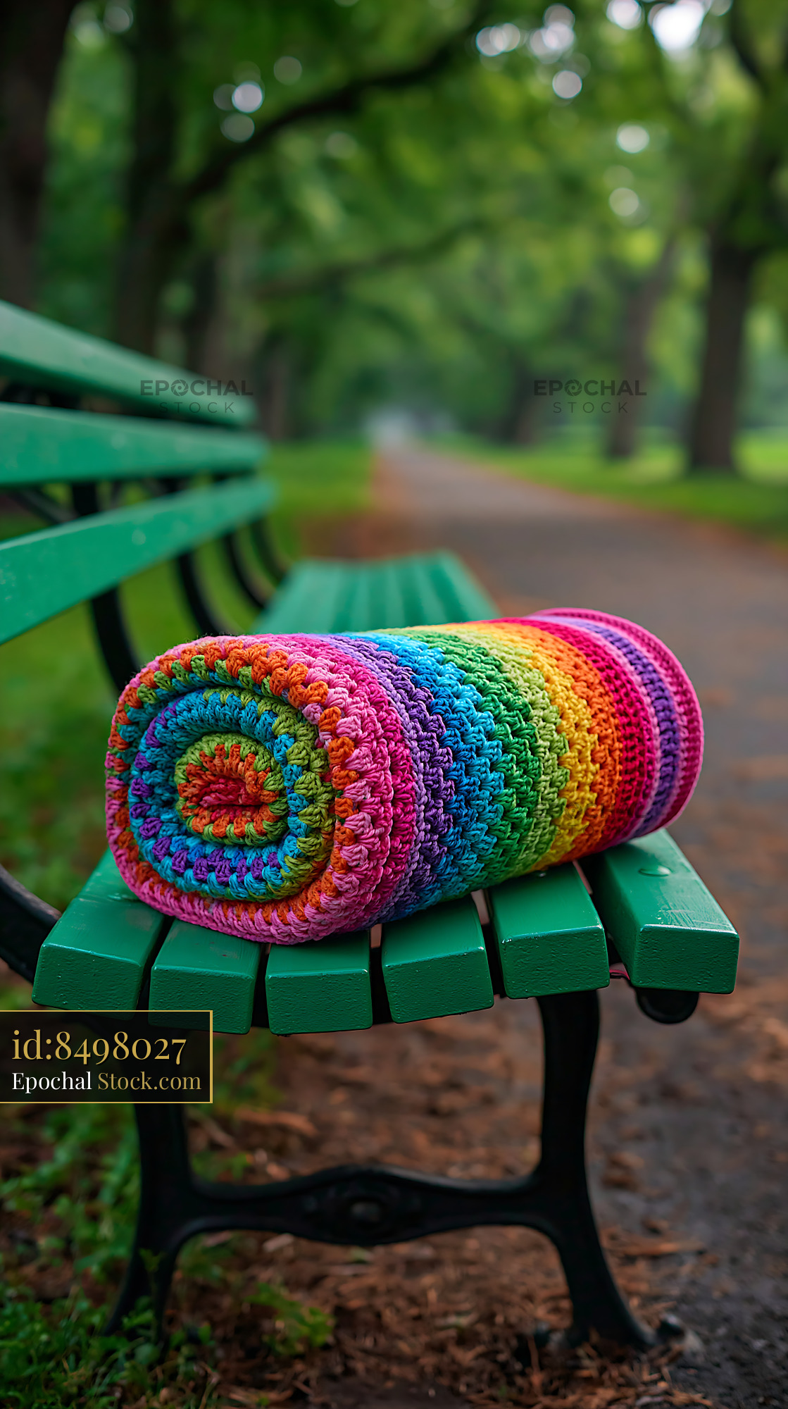 Colorful striped throw on bench in a peaceful park