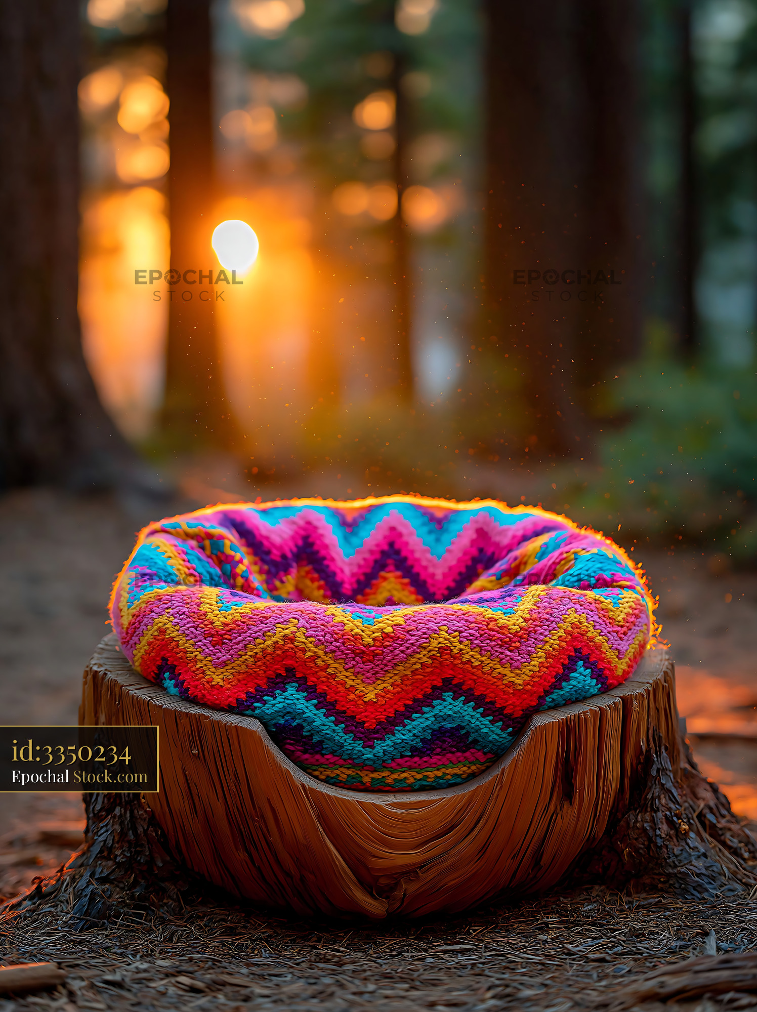 Colorful knitted cushion on a tree stump in a forest at sunset - stock photo