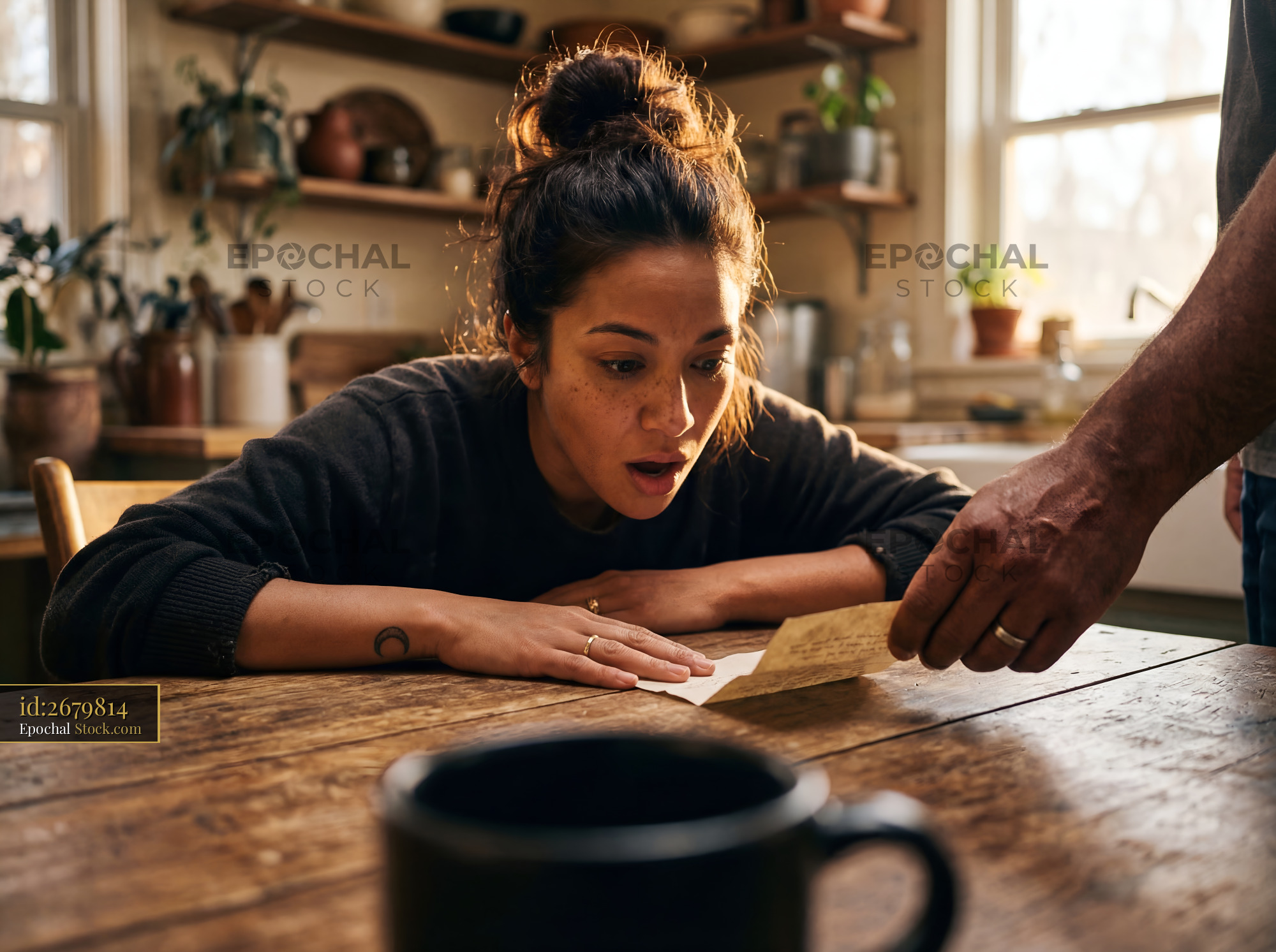 Woman reacts to a surprising letter at home in the morning Premium Stock Photo - stock photo