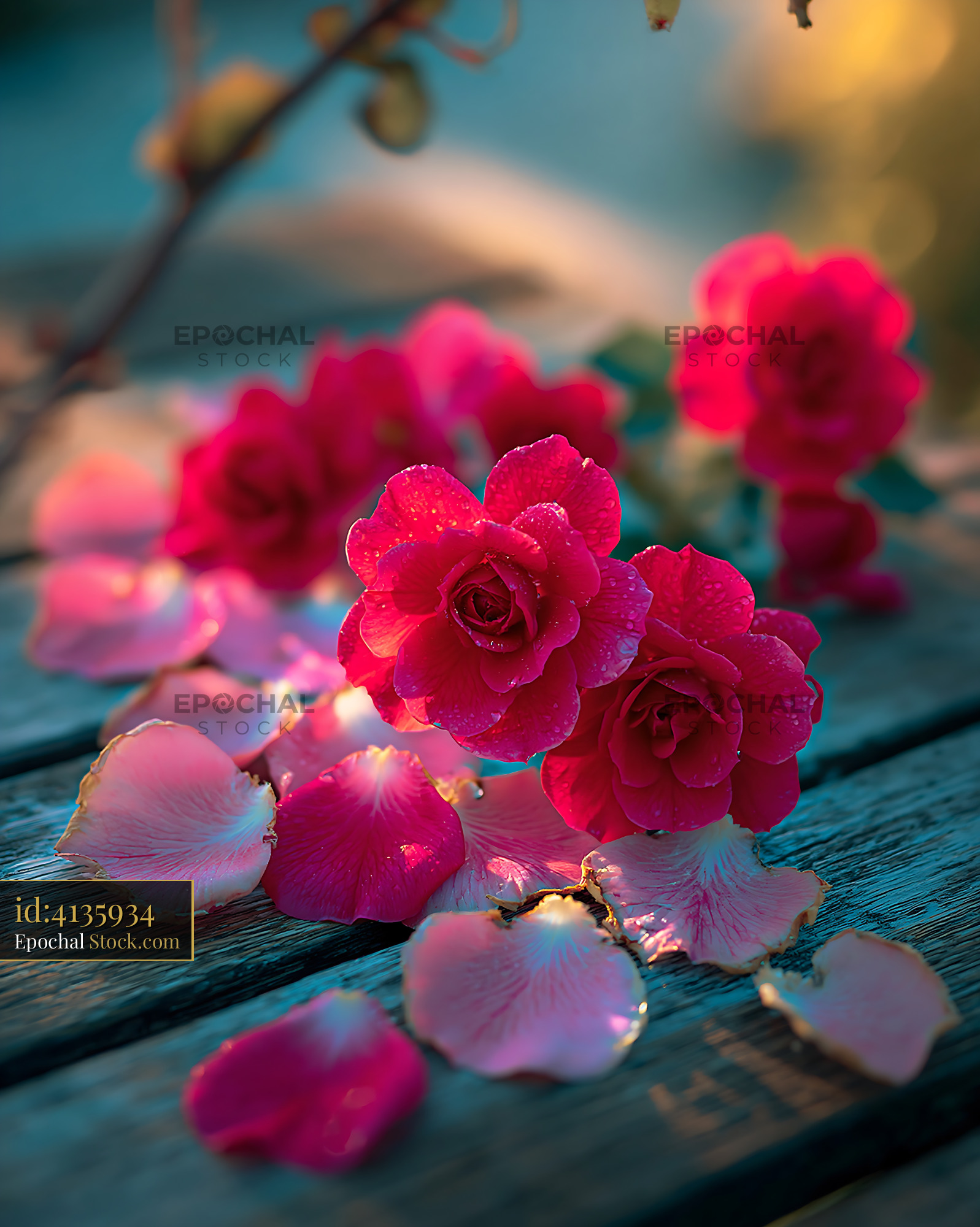Pink rose petals on garden table with morning dew in golden light - stock photo