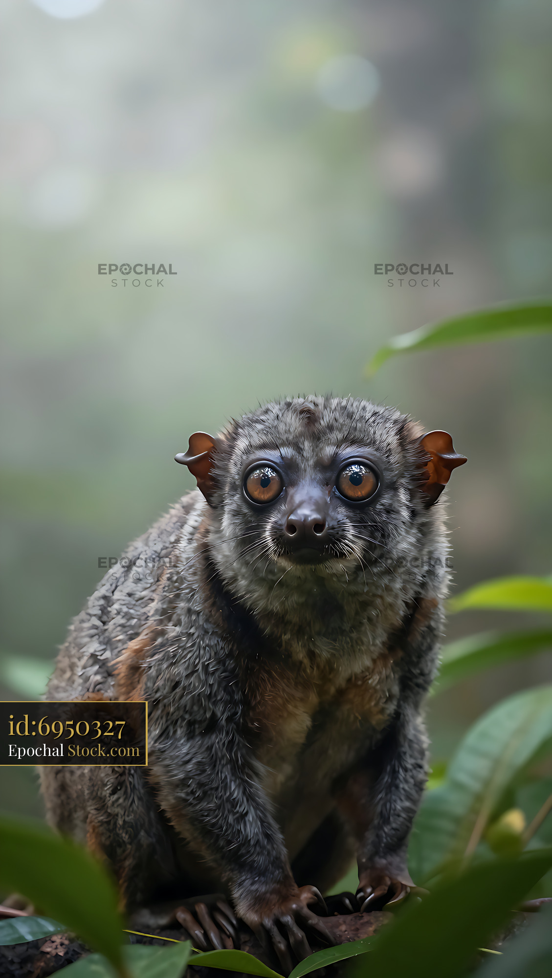 Slow loris with large orange eyes sitting on a branch in the jungle