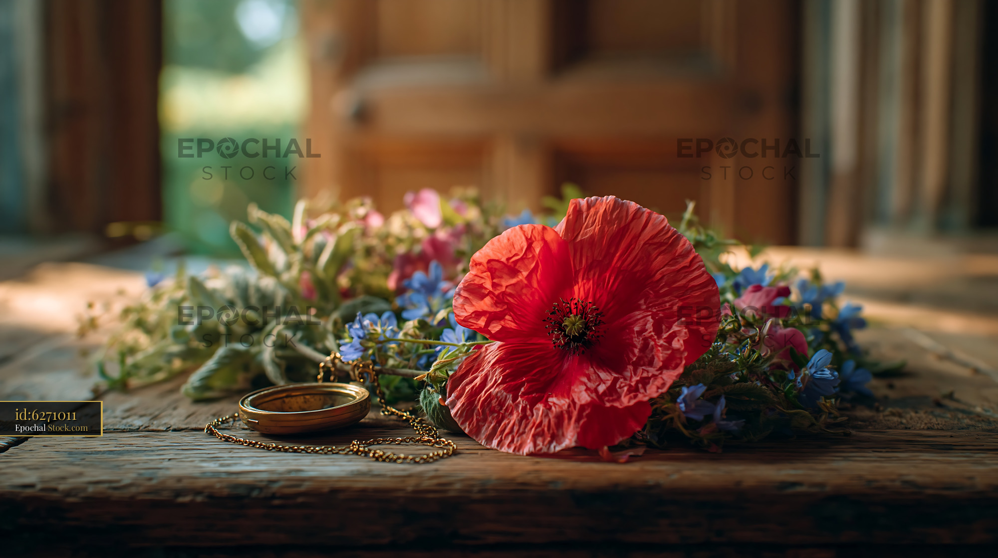 Red poppy and vintage pocket watch on a rustic wooden table - stock photo