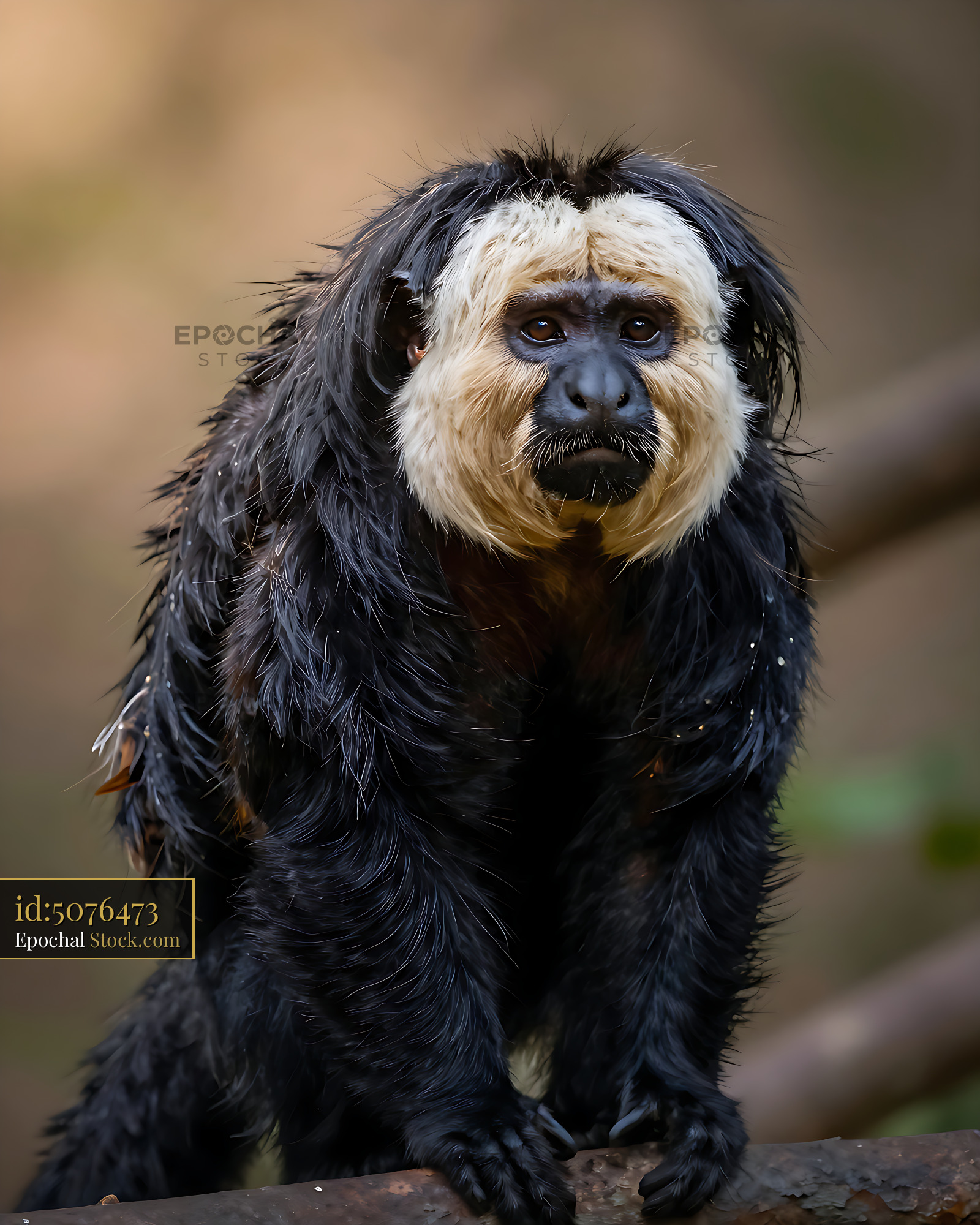 Male white-faced saki monkey sitting on a branch in a forest - stock photo