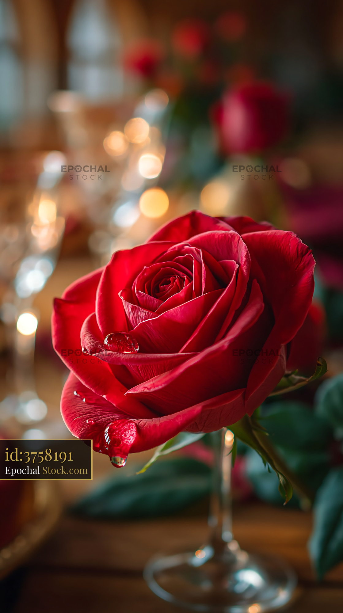 Red rose with water droplets on a gala dinner table with bokeh lights - stock photo