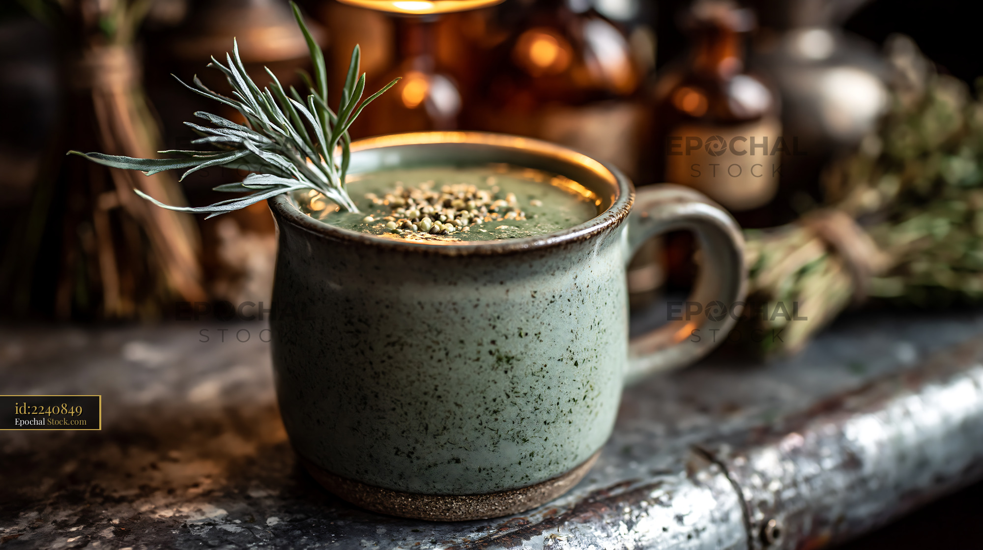 Mugwort herb smoothie in a rustic ceramic mug with fresh garnish - stock photo