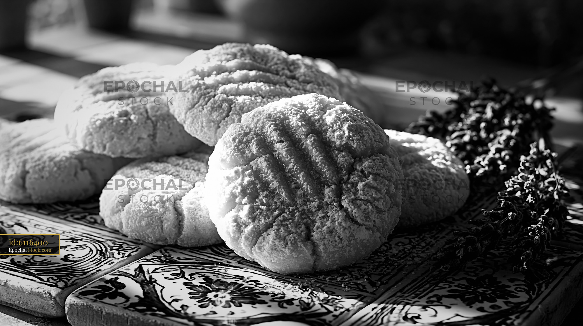 Traditional un kurabiyesi biscuits on decorative tiles in black and wh - stock photo