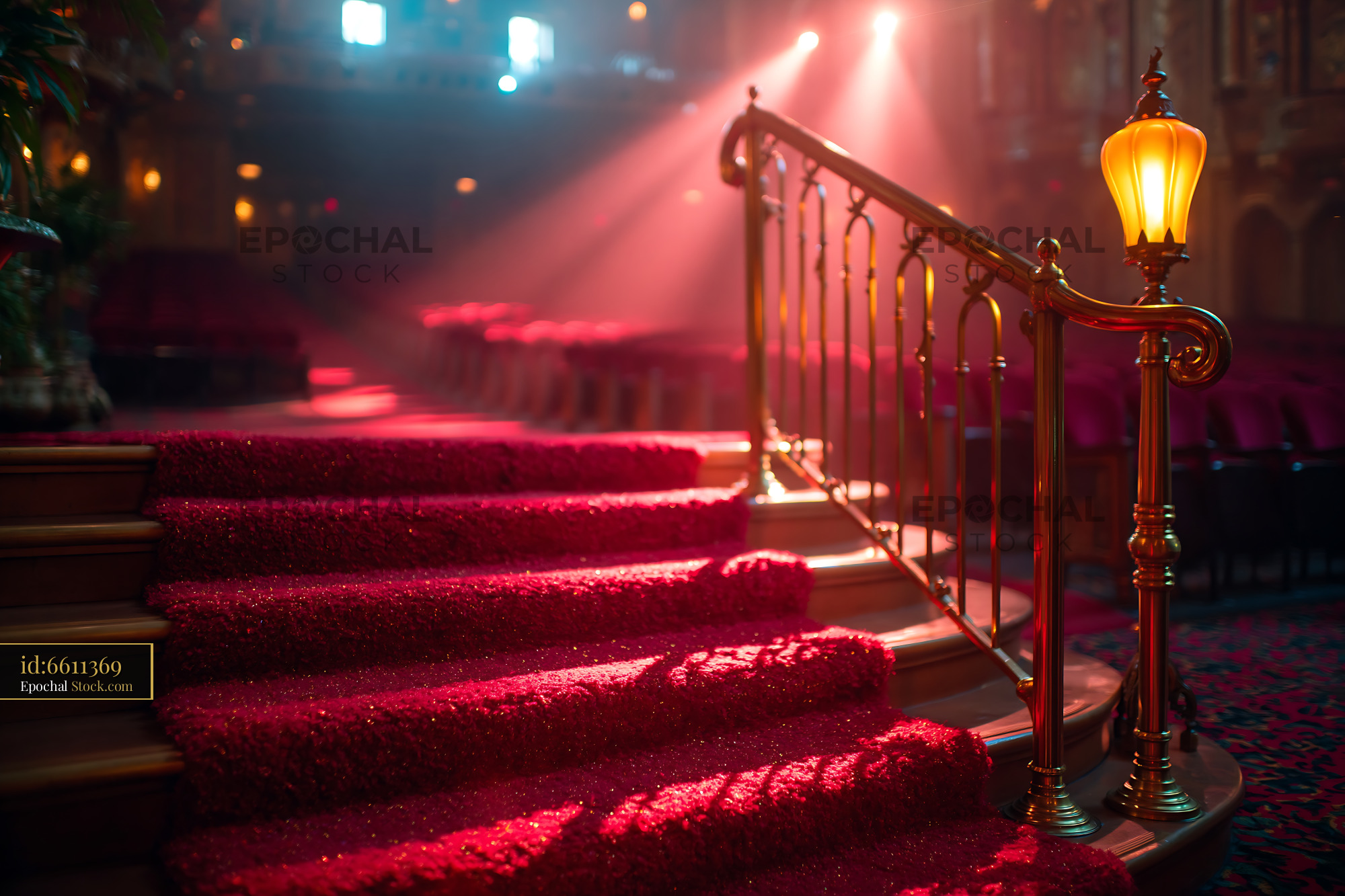 Empty theater aisle red carpet with ornate gold railing - stock photo