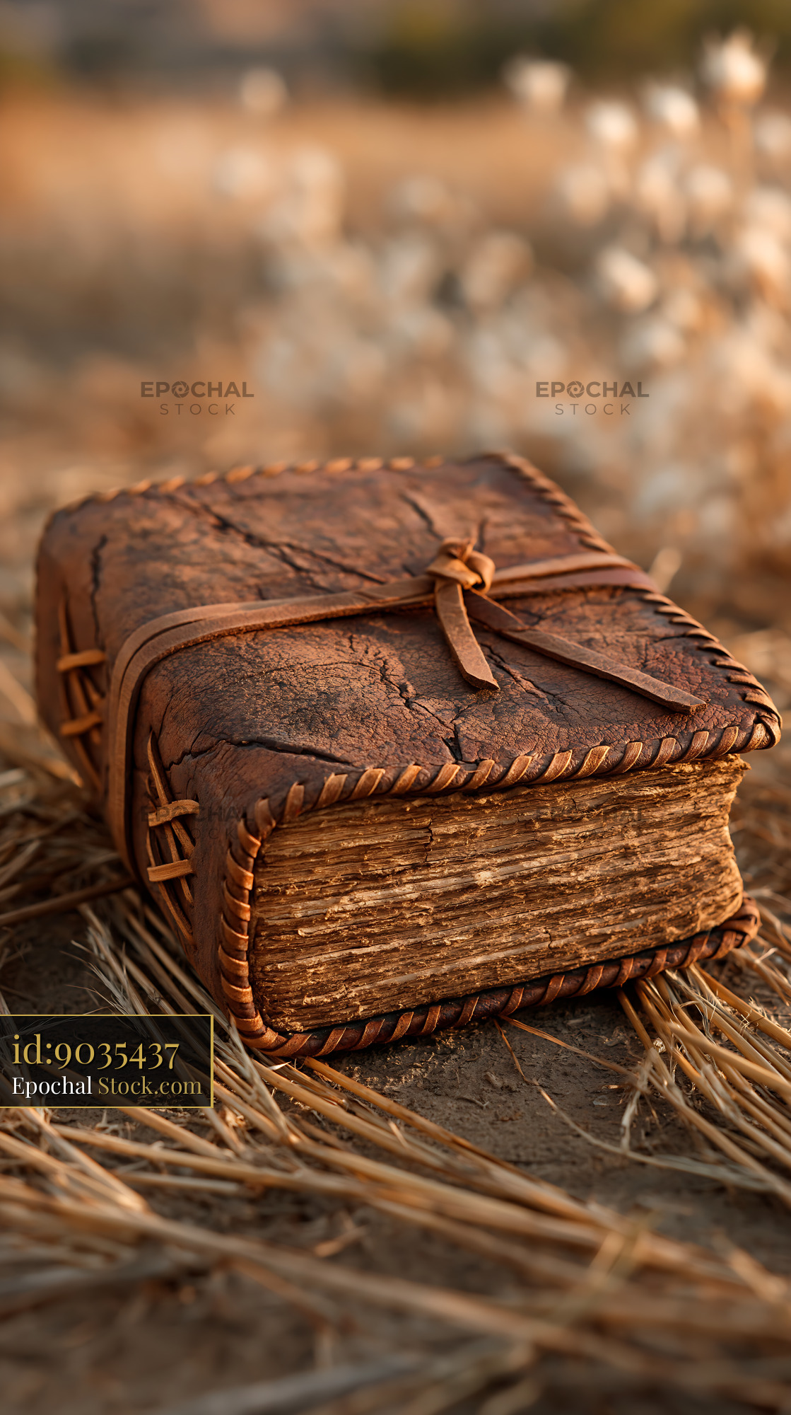 Vintage leather journal on a dry meadow floor at sunset - stock photo