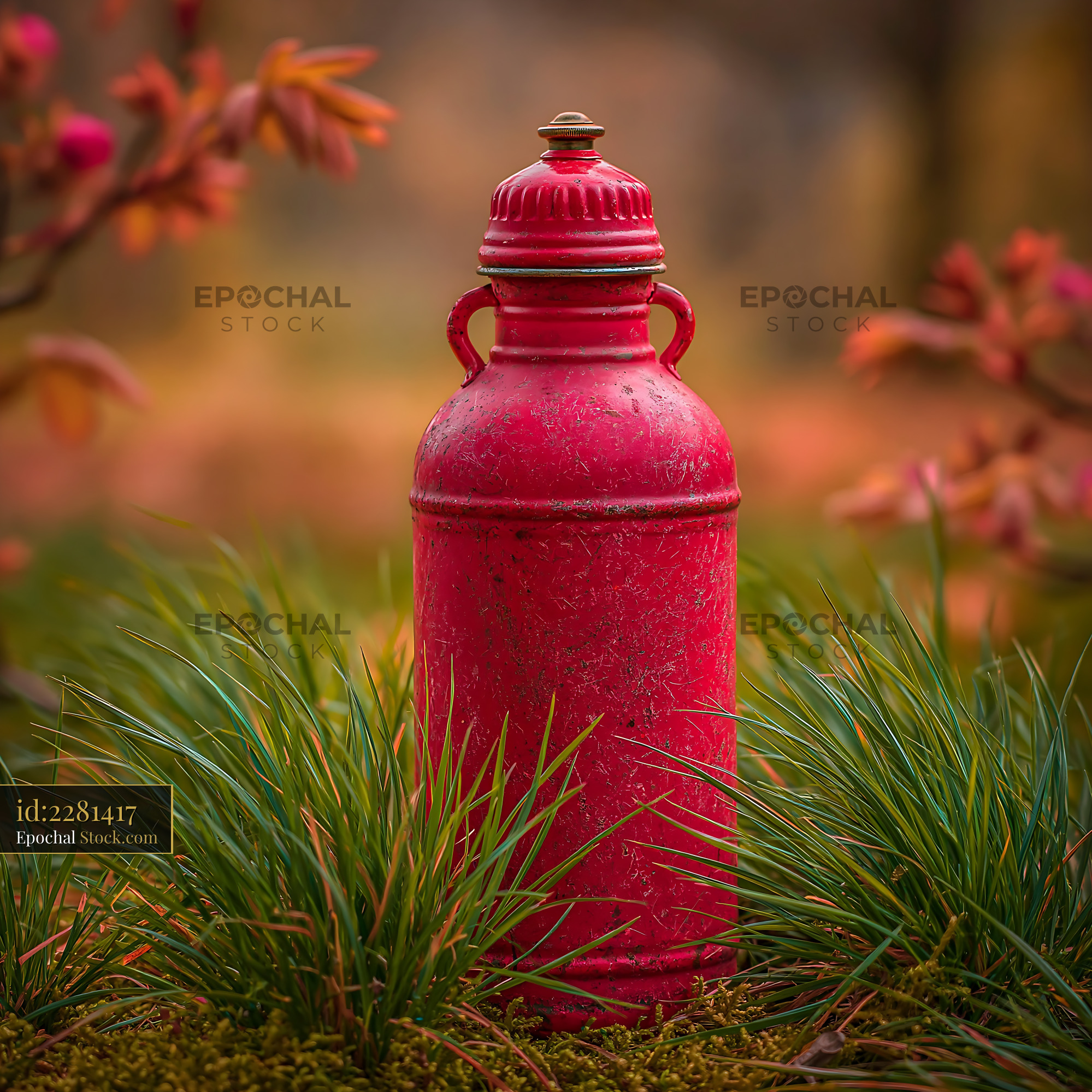 Vintage red metal thermos standing in lush green spring grass