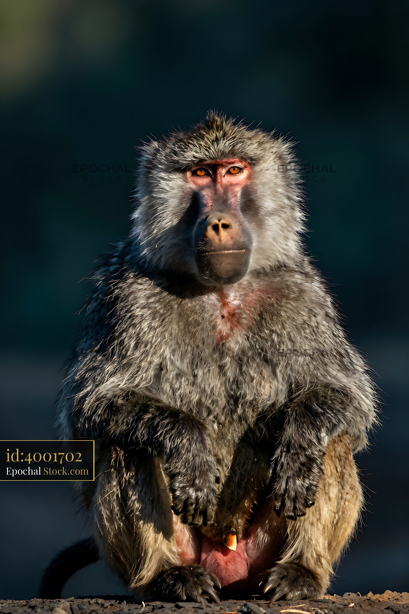 Olive baboon sitting and looking directly at the camera - stock photo