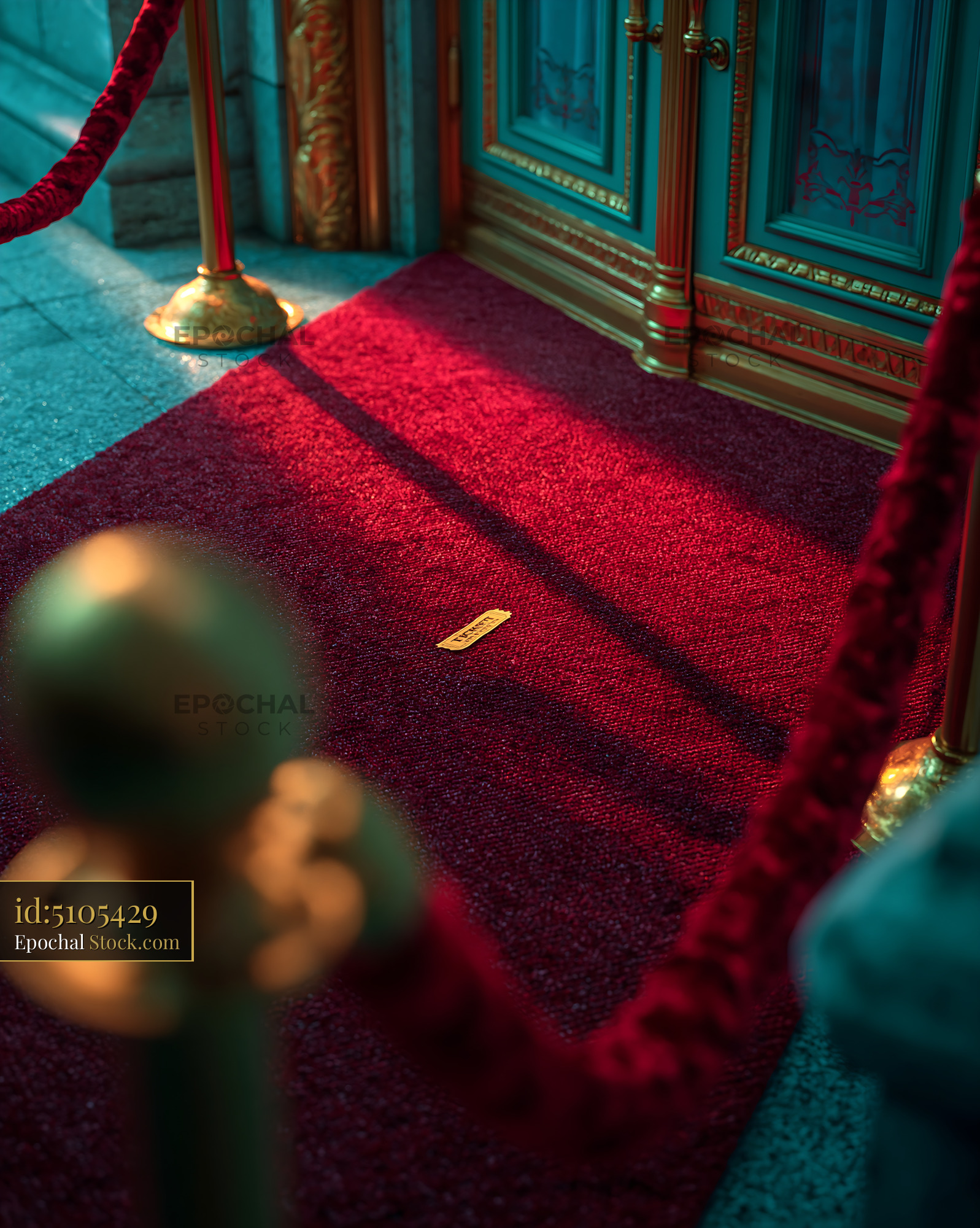 Golden ticket on a red carpet at a cinema entrance at night - stock photo