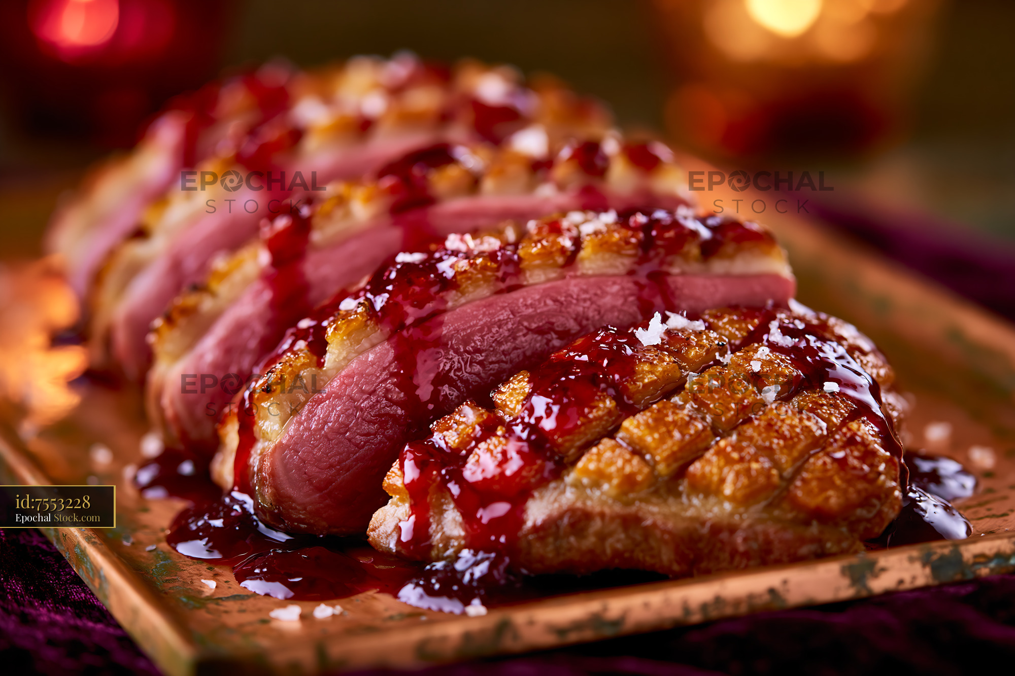 Roasted magret de canard meat with berry glaze and sea salt - stock photo
