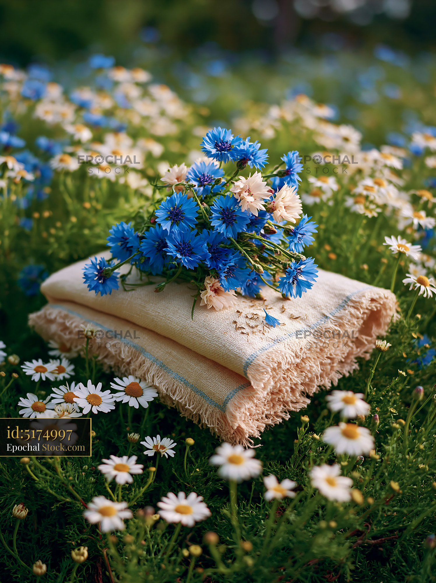 Blue cornflowers on a linen napkin in a summer wildflower field