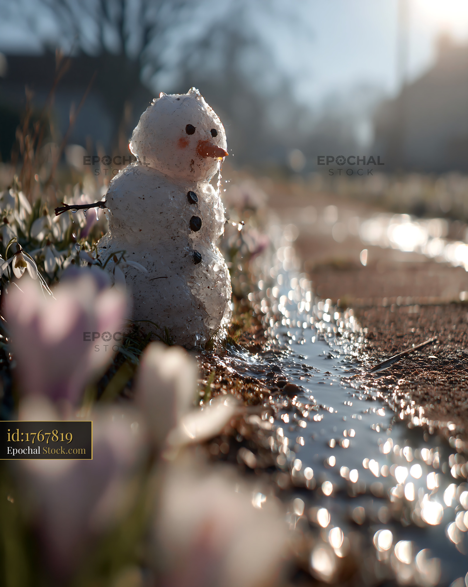 Small melting snowman among spring flowers in the bright morning sun - stock photo