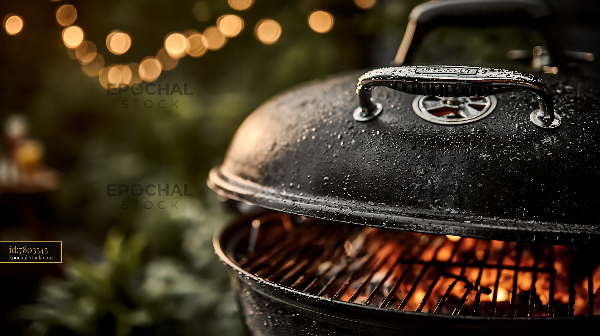 Charcoal kettle grill with glowing embers at a festive garden party - stock photo