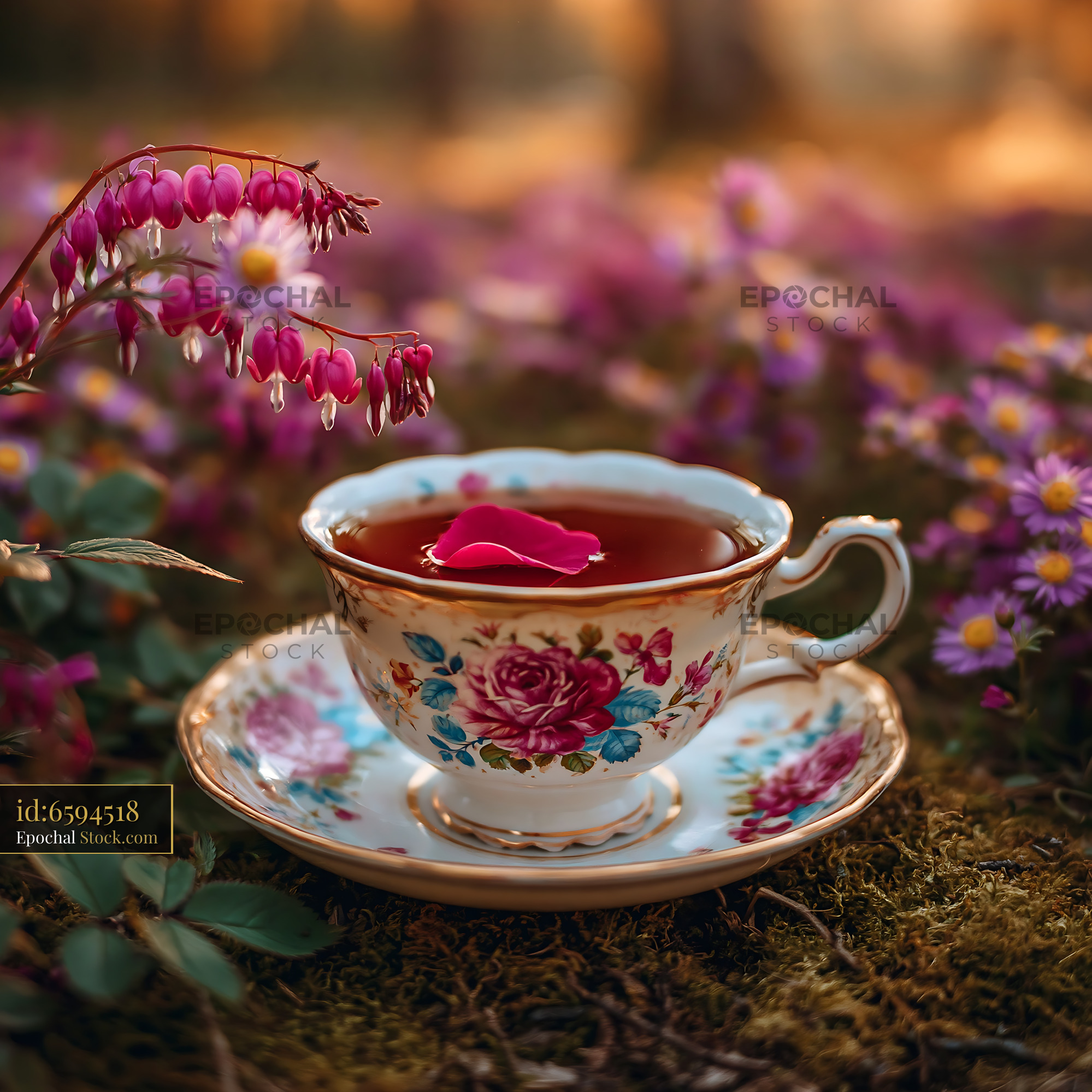 Vintage floral teacup with rose petal in a blooming flower meadow
