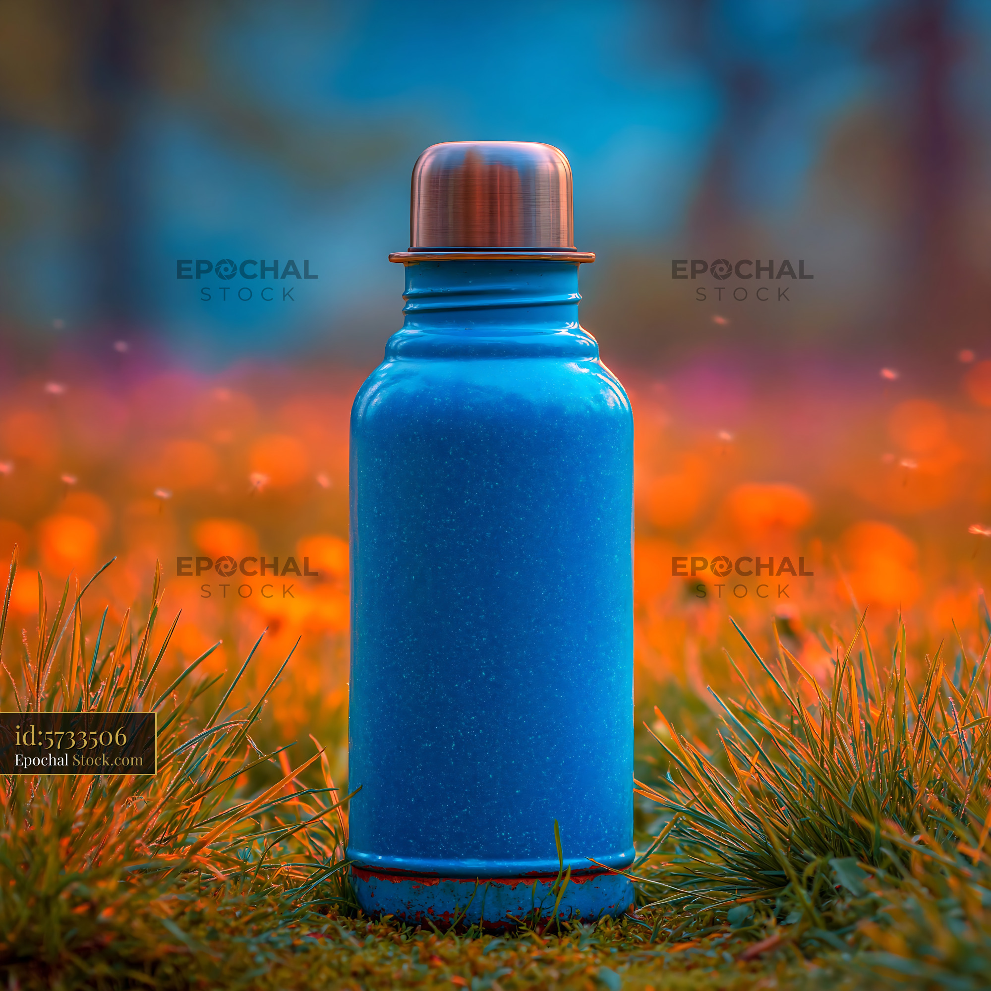Blue vintage thermos standing on lush spring grass with orange flowers - stock photo