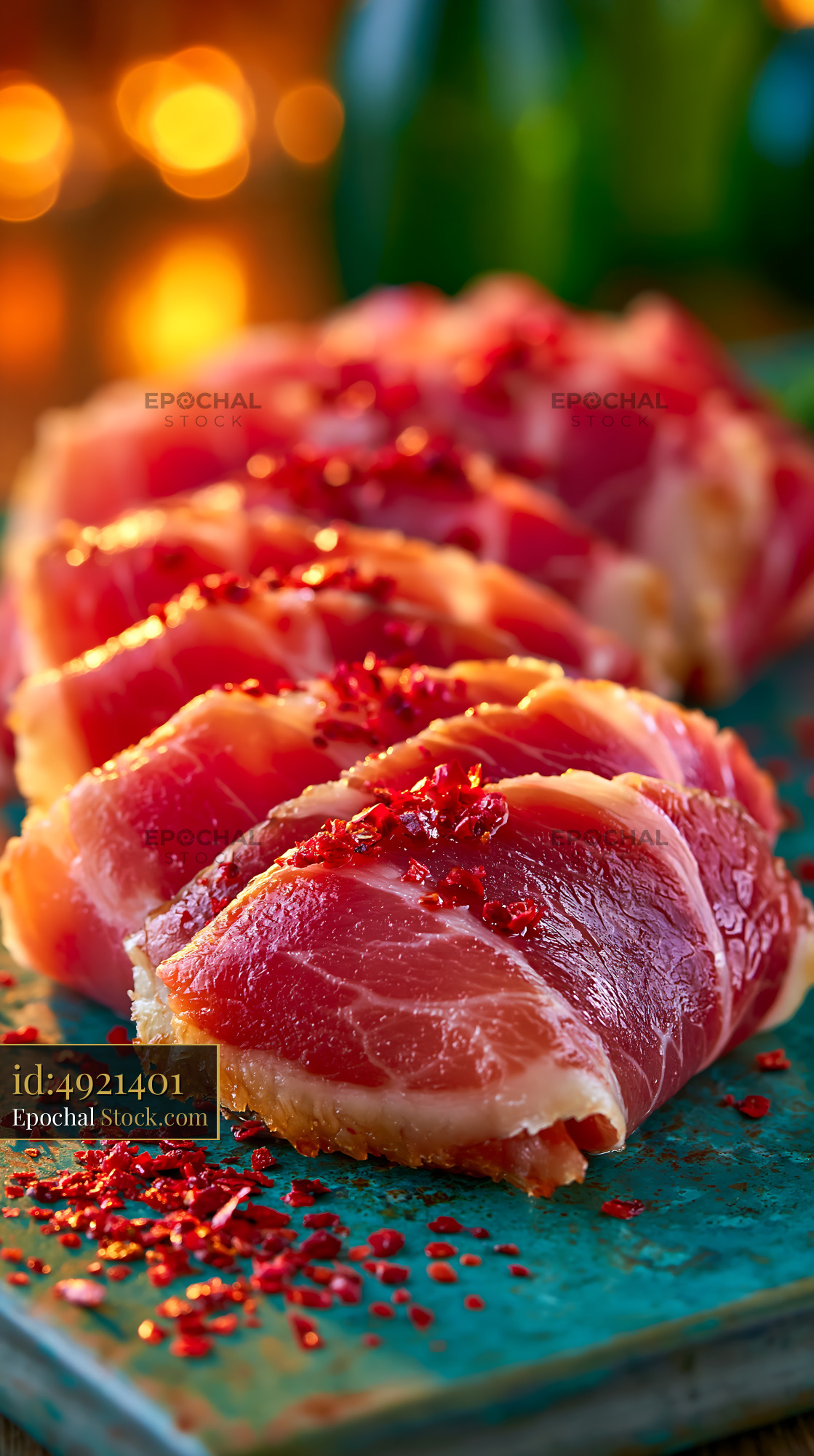Slices of jambon de bayonne meat with red pepper flakes on a platter - stock photo