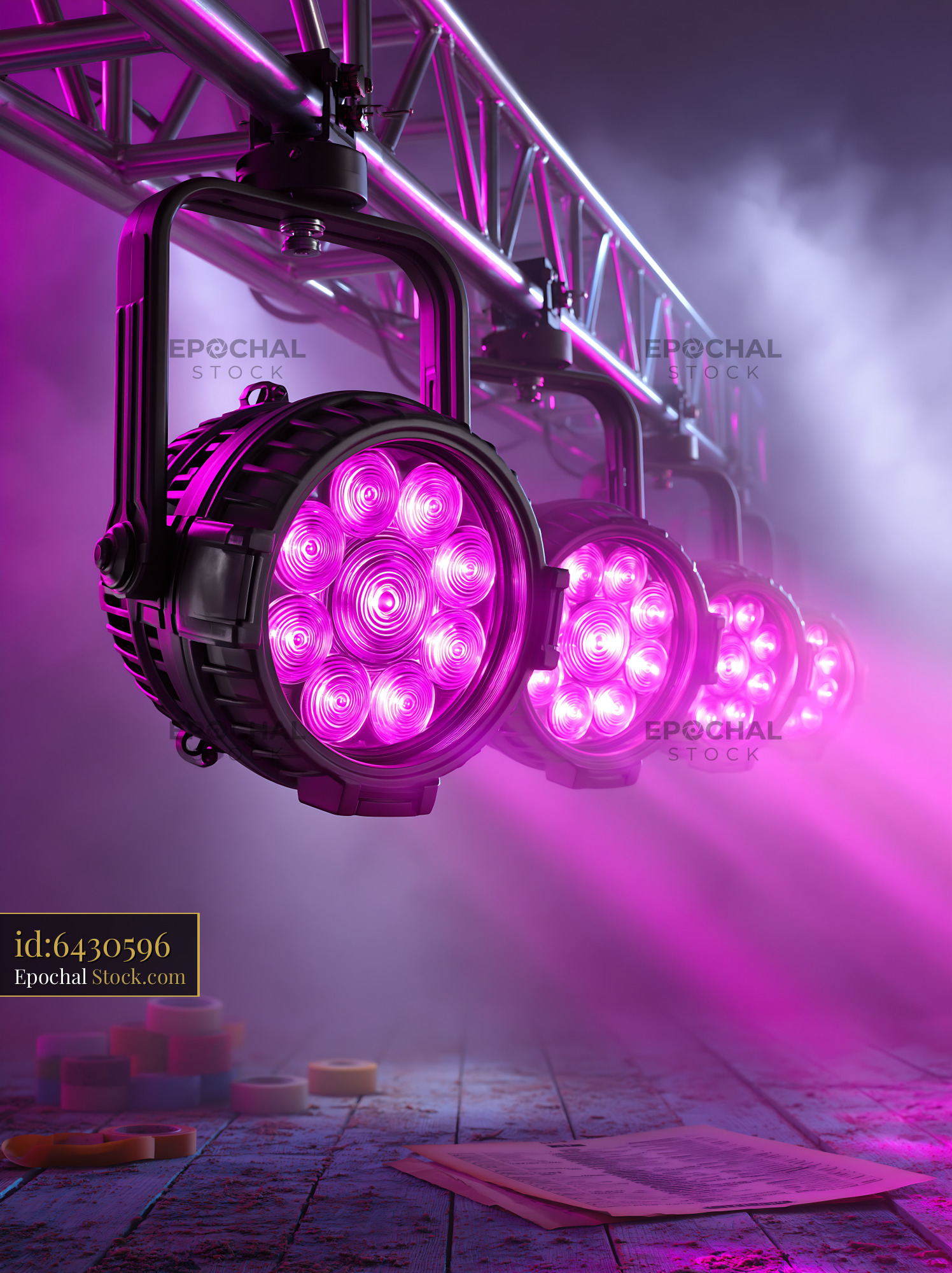 Stage lights with purple glow in a hazy empty concert hall
