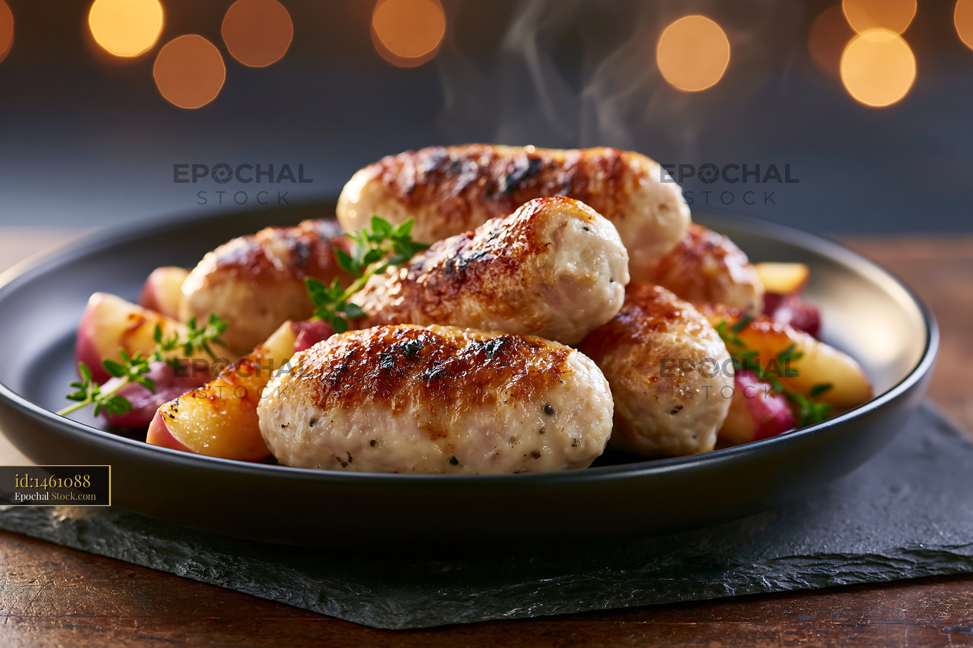 Pan-fried boudin blanc meat sausages with apples and fresh thyme - stock photo