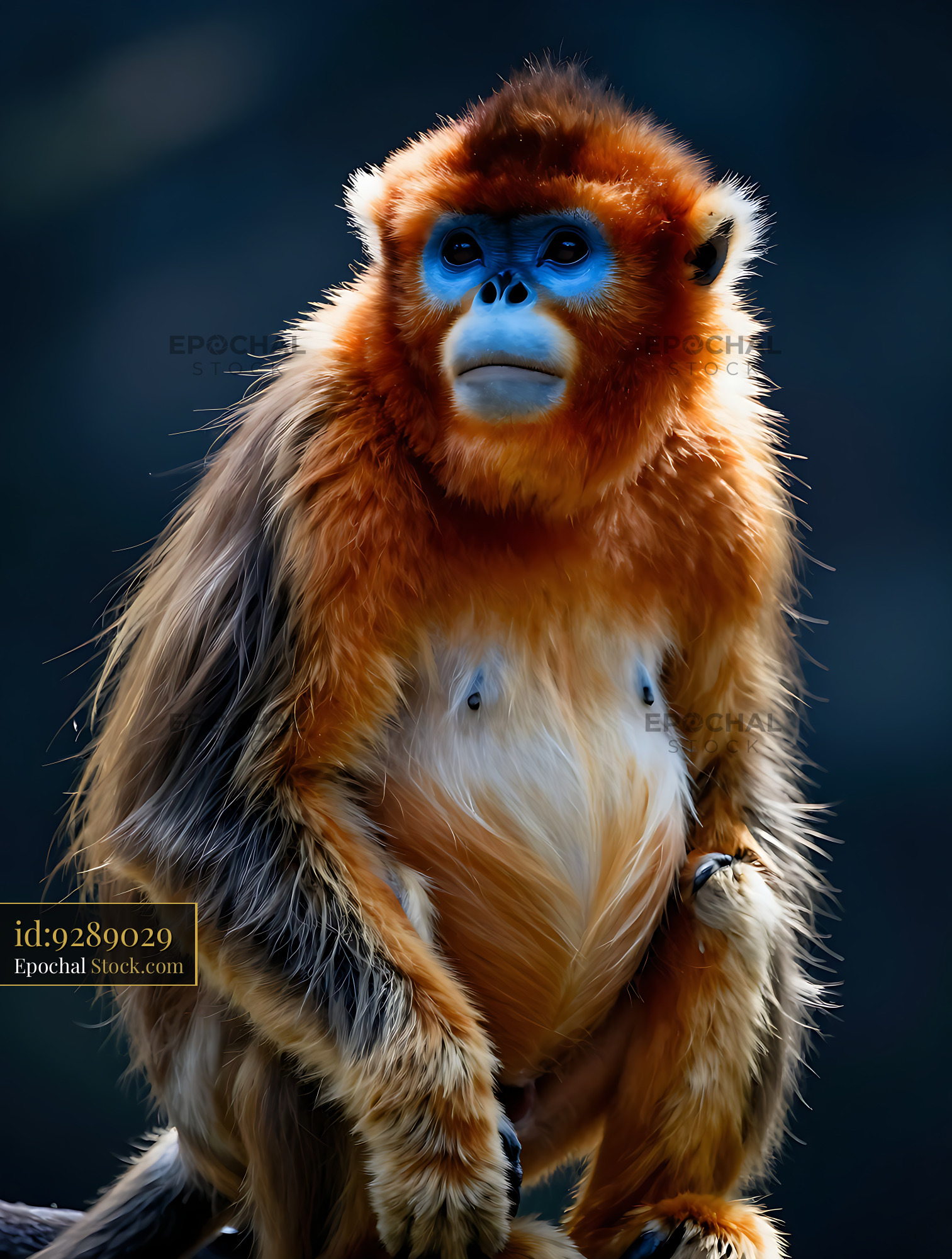 Majestic golden snub-nosed monkey with vibrant orange fur and blue fac - stock photo