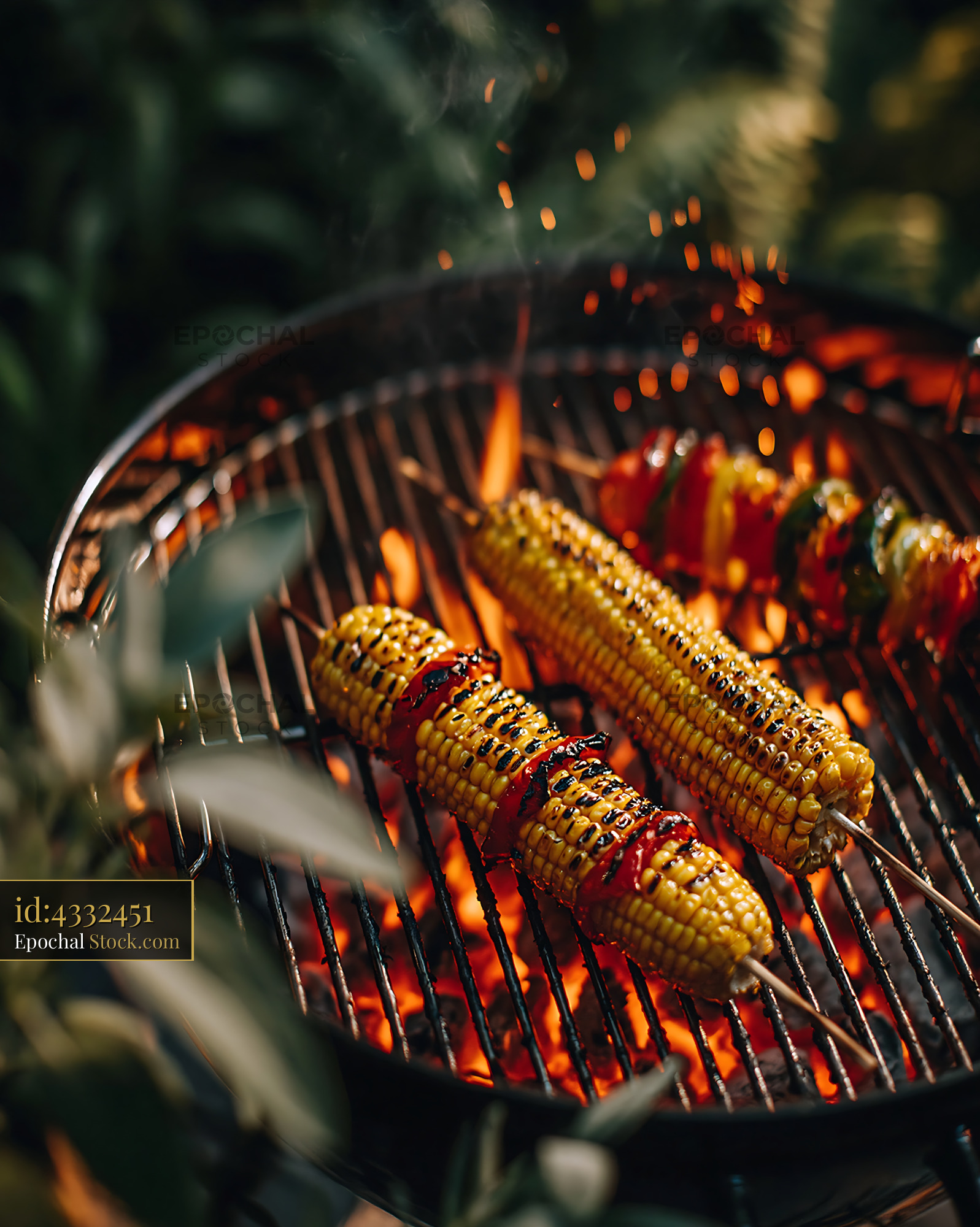 Corn on the cob and vegetable skewers on a barbecue grill at a garden 