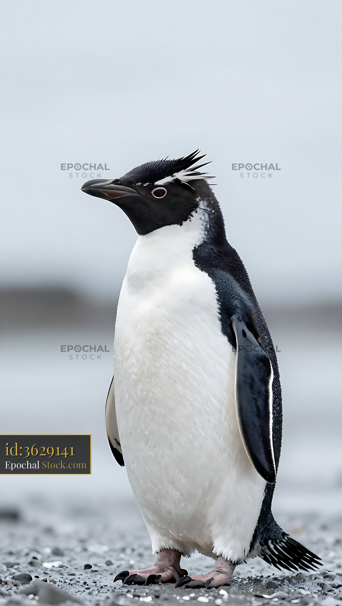 Erect-crested penguin standing on a rocky shore under an overcast sky - stock photo
