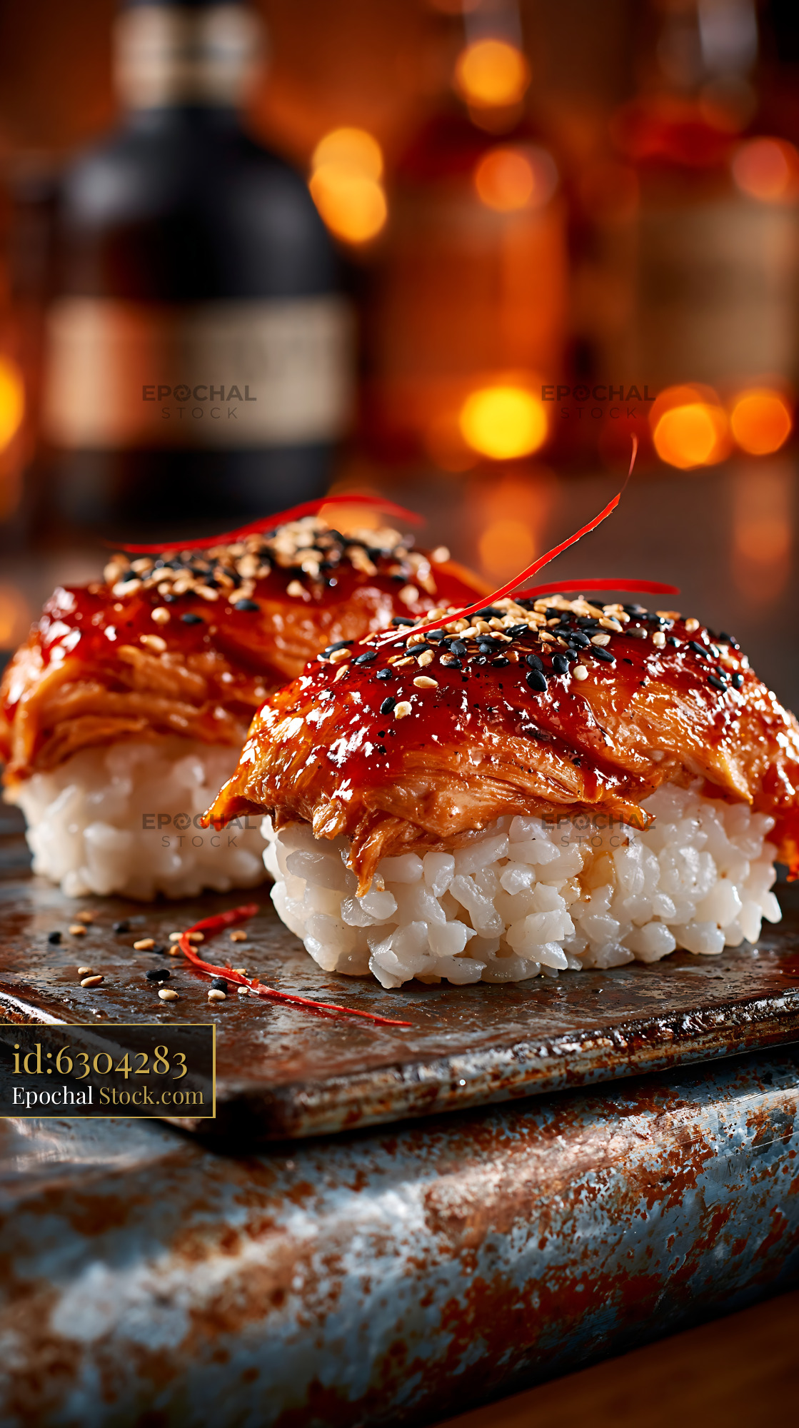Gourmet jackfruit nigiri sushi with sweet glaze and sesame seeds - stock photo