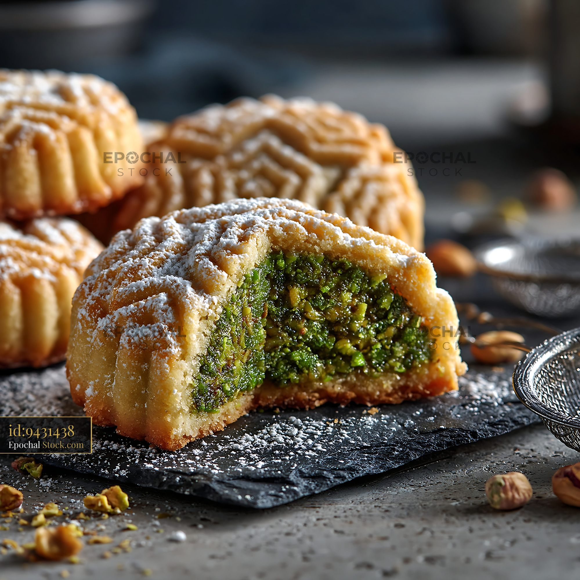 Pistachio maamoul biscuits broken open to show green nut filling - stock photo